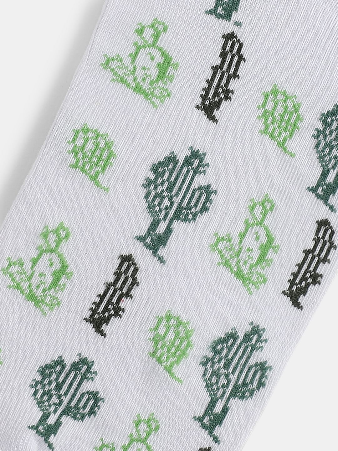 White Cactus Print Ankle-Length Socks