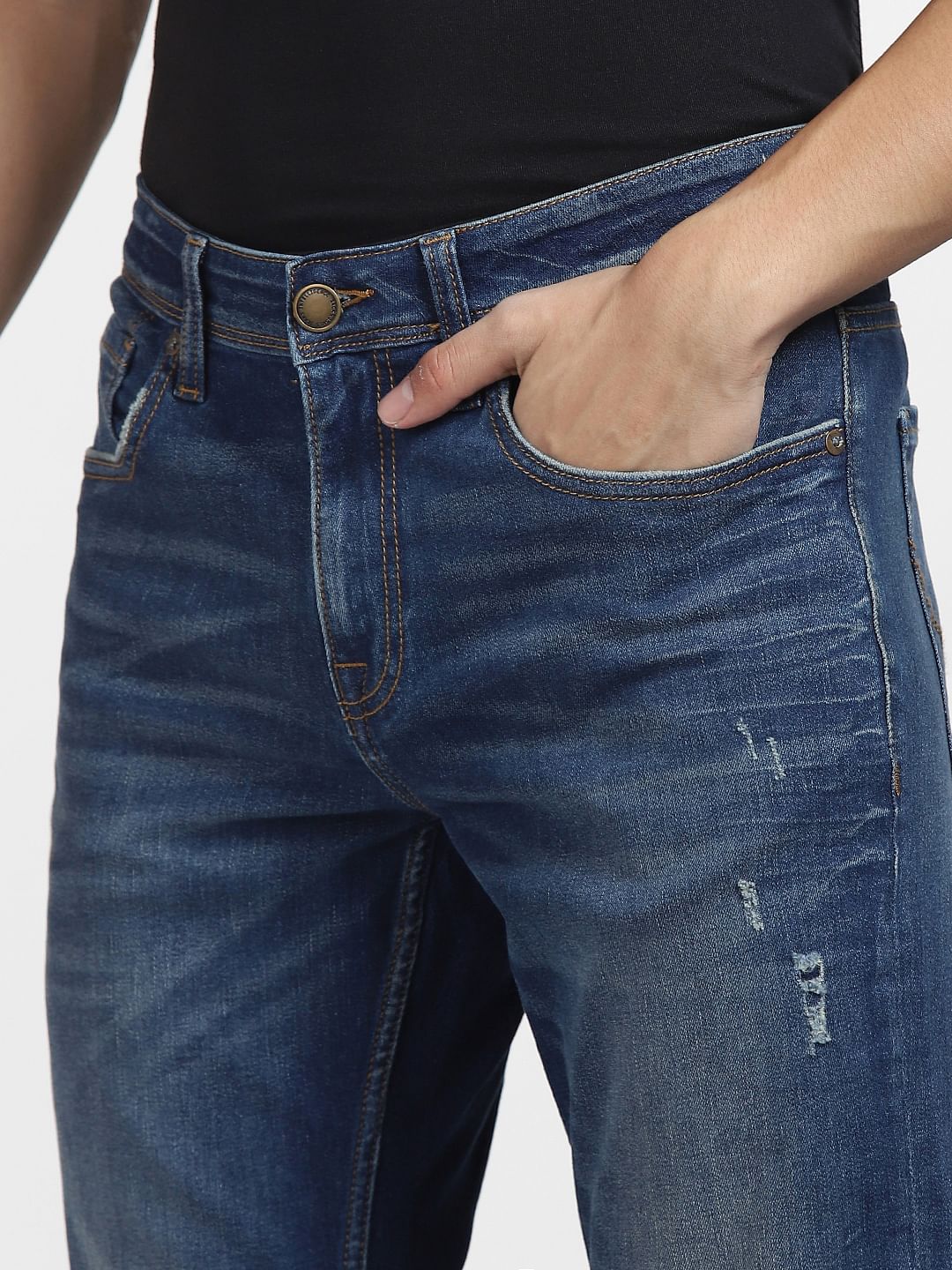 Blue Low Rise Distressed Glenn Slim Fit Jeans