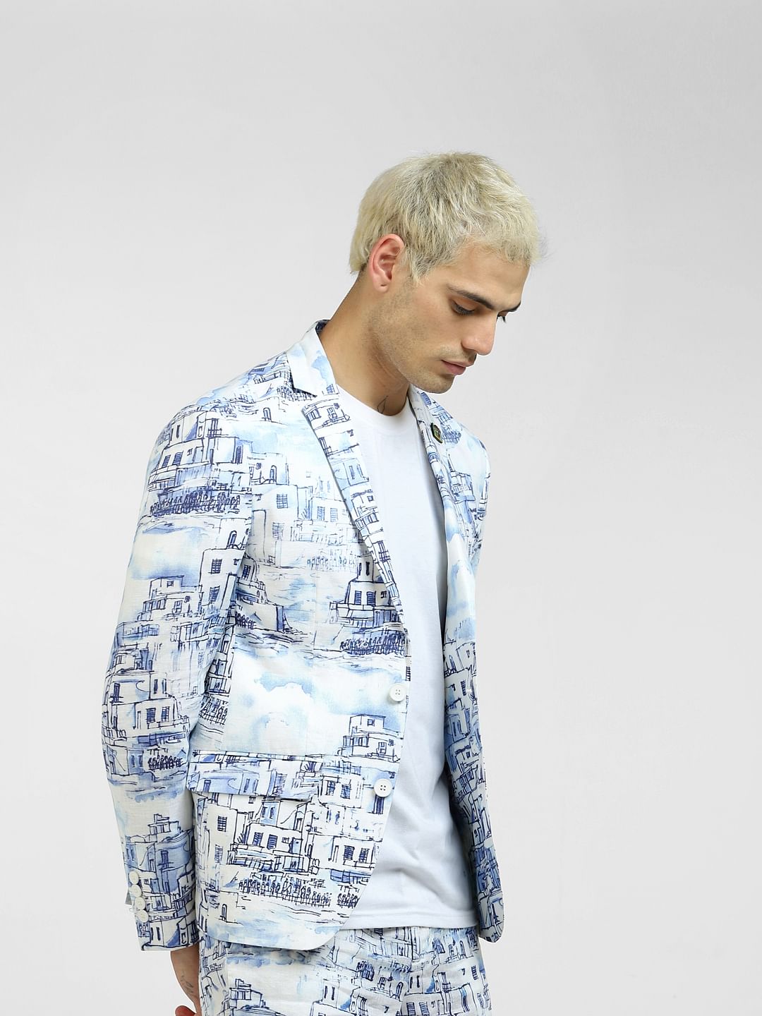 White Printed Linen Blazer