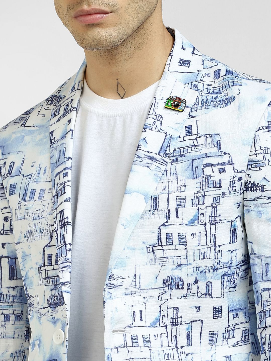White Printed Linen Blazer