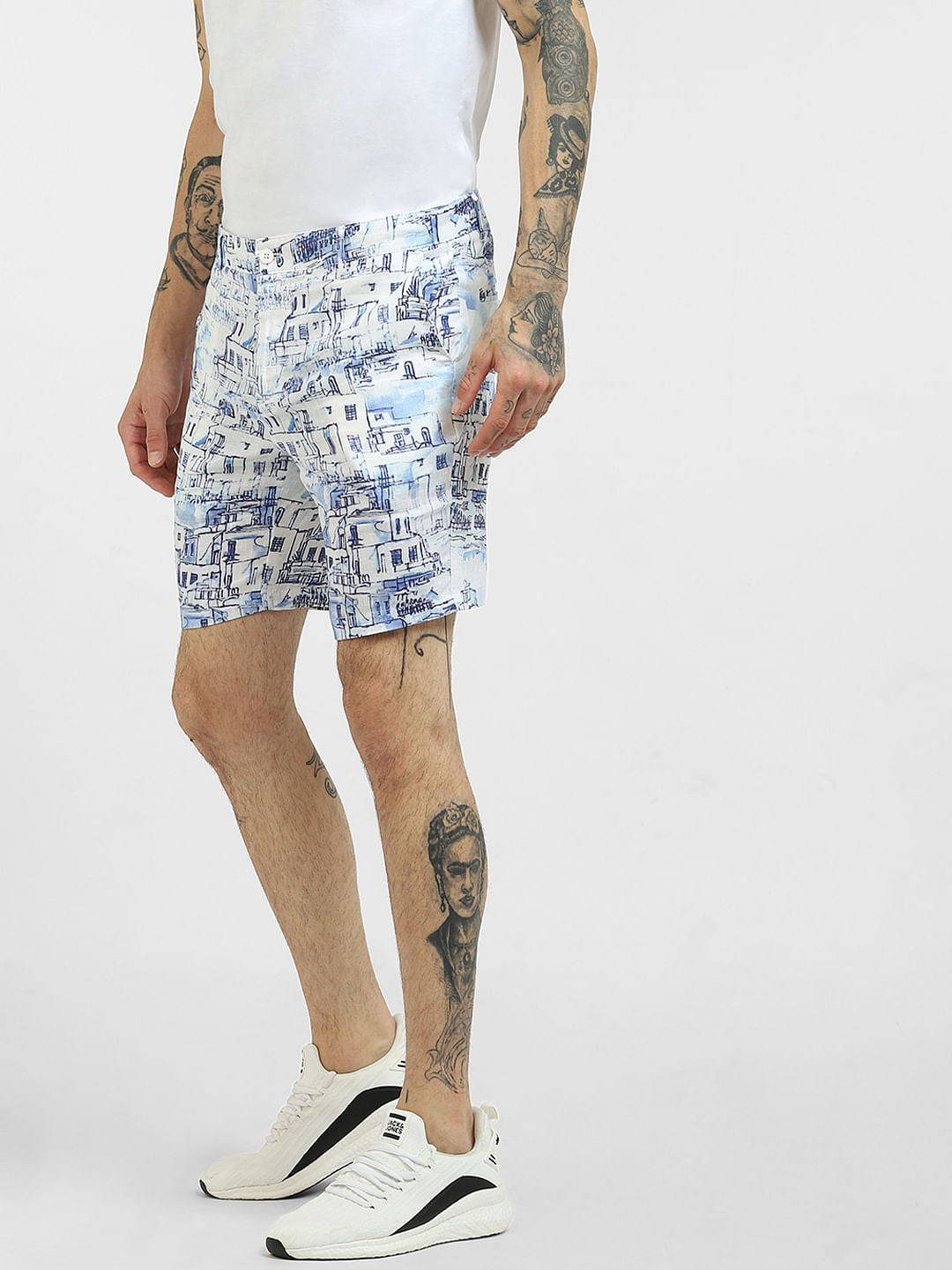 White Printed Linen Shorts