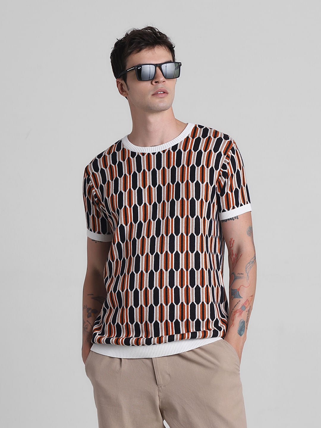 Brown Printed Jacquard T-shirt