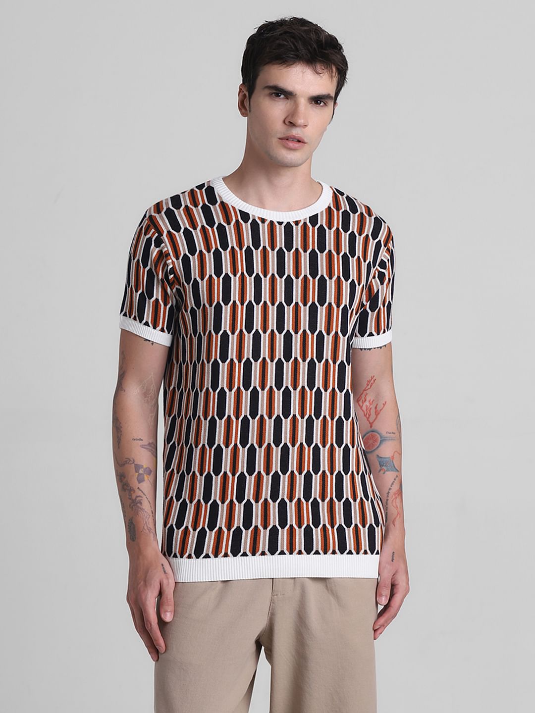 Brown Printed Jacquard T-shirt