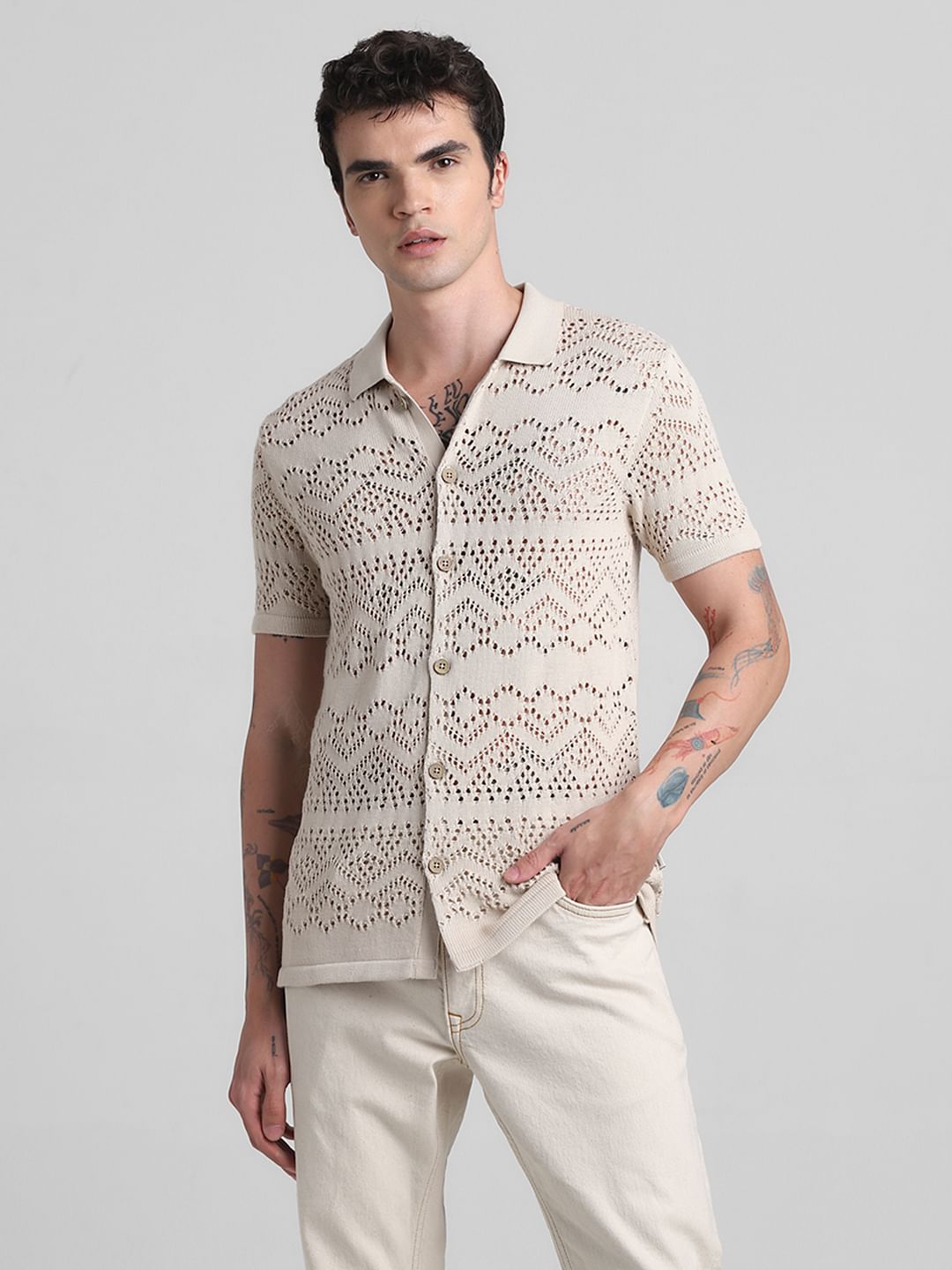 Beige Jacquard Cotton Polo T-shirt