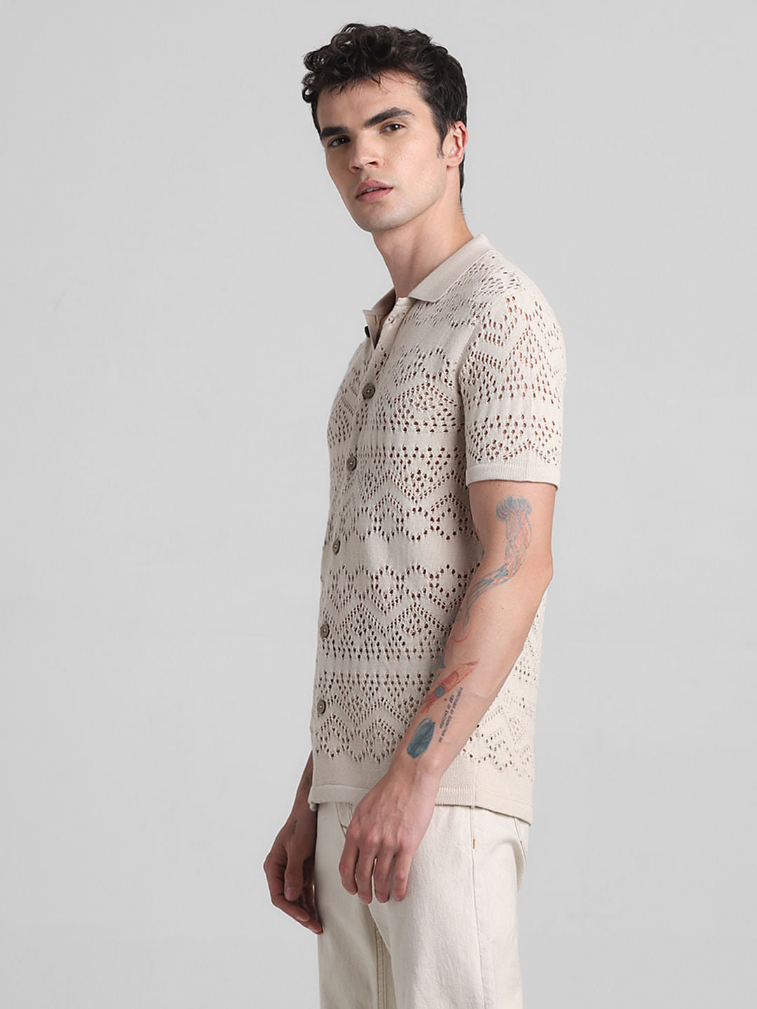 Beige Jacquard Cotton Polo T-shirt