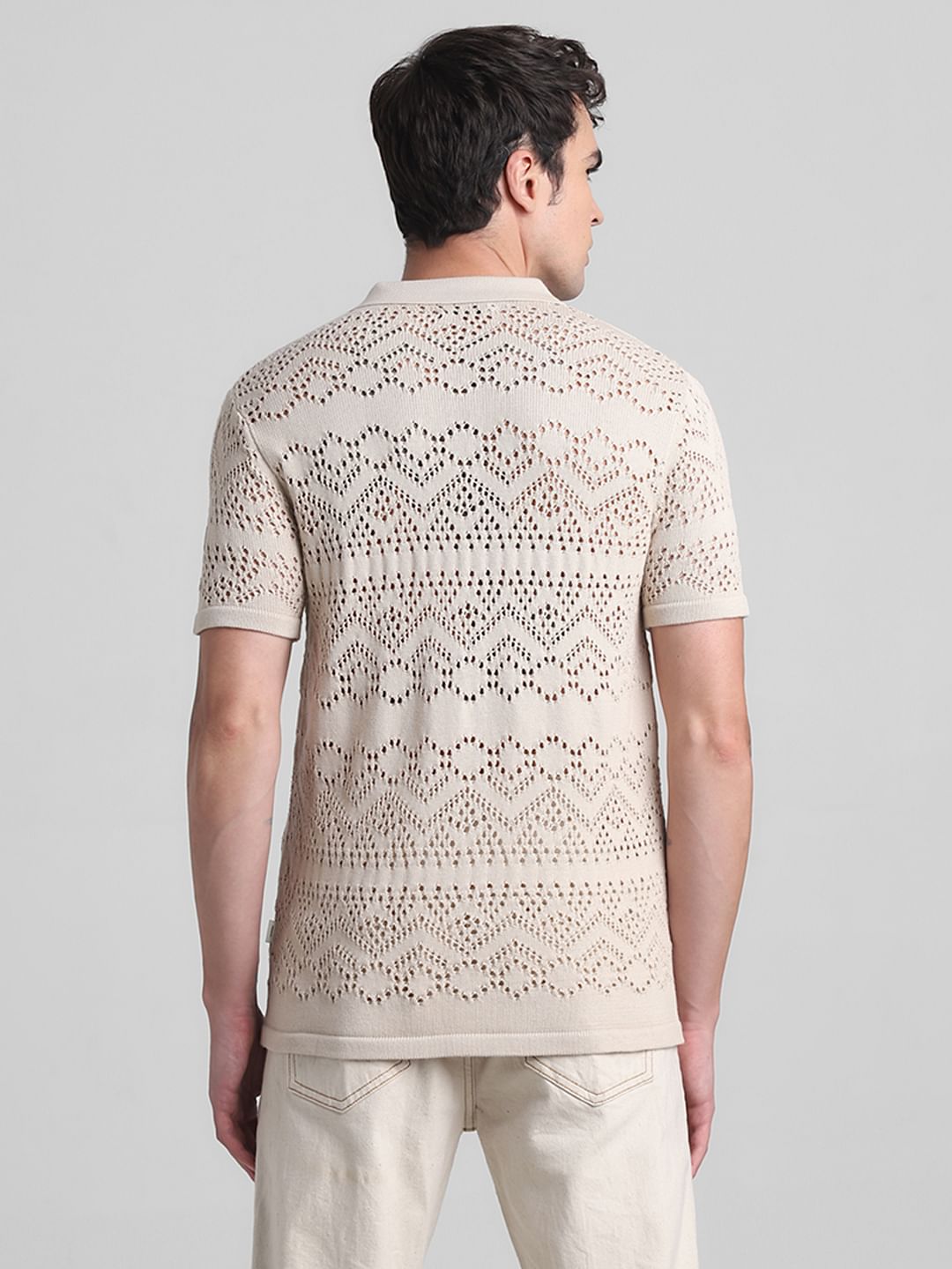 Beige Jacquard Cotton Polo T-shirt