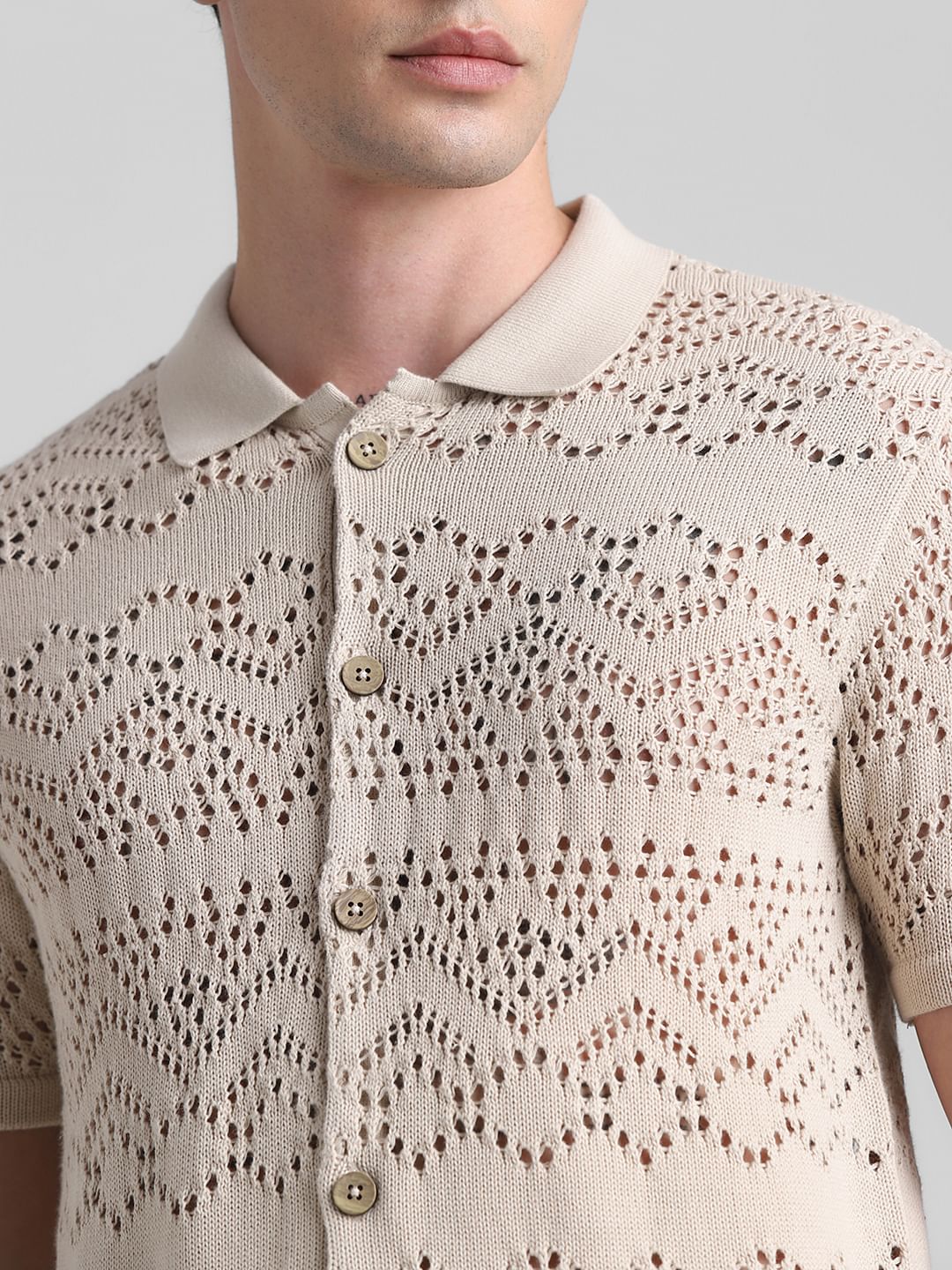 Beige Jacquard Cotton Polo T-shirt