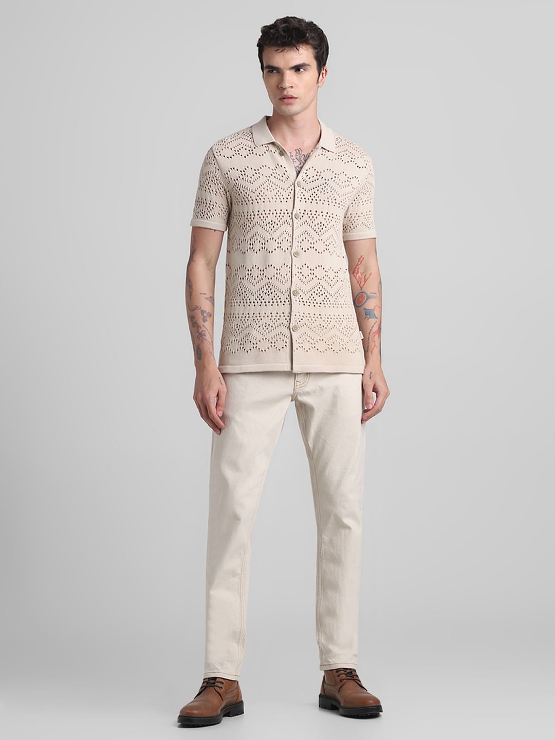 Beige Jacquard Cotton Polo T-shirt