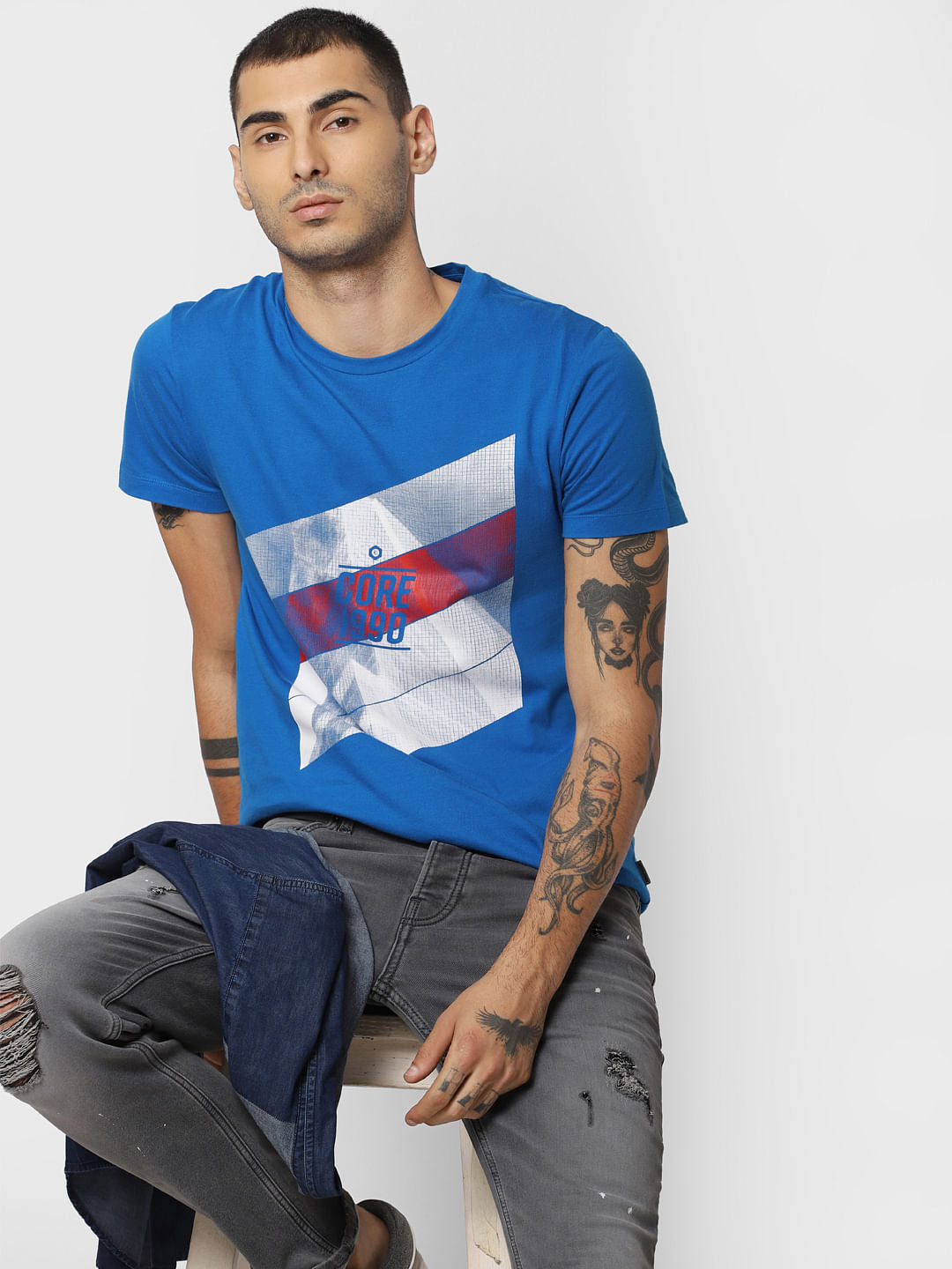 Blue Graphic Print Crew Neck T-shirt