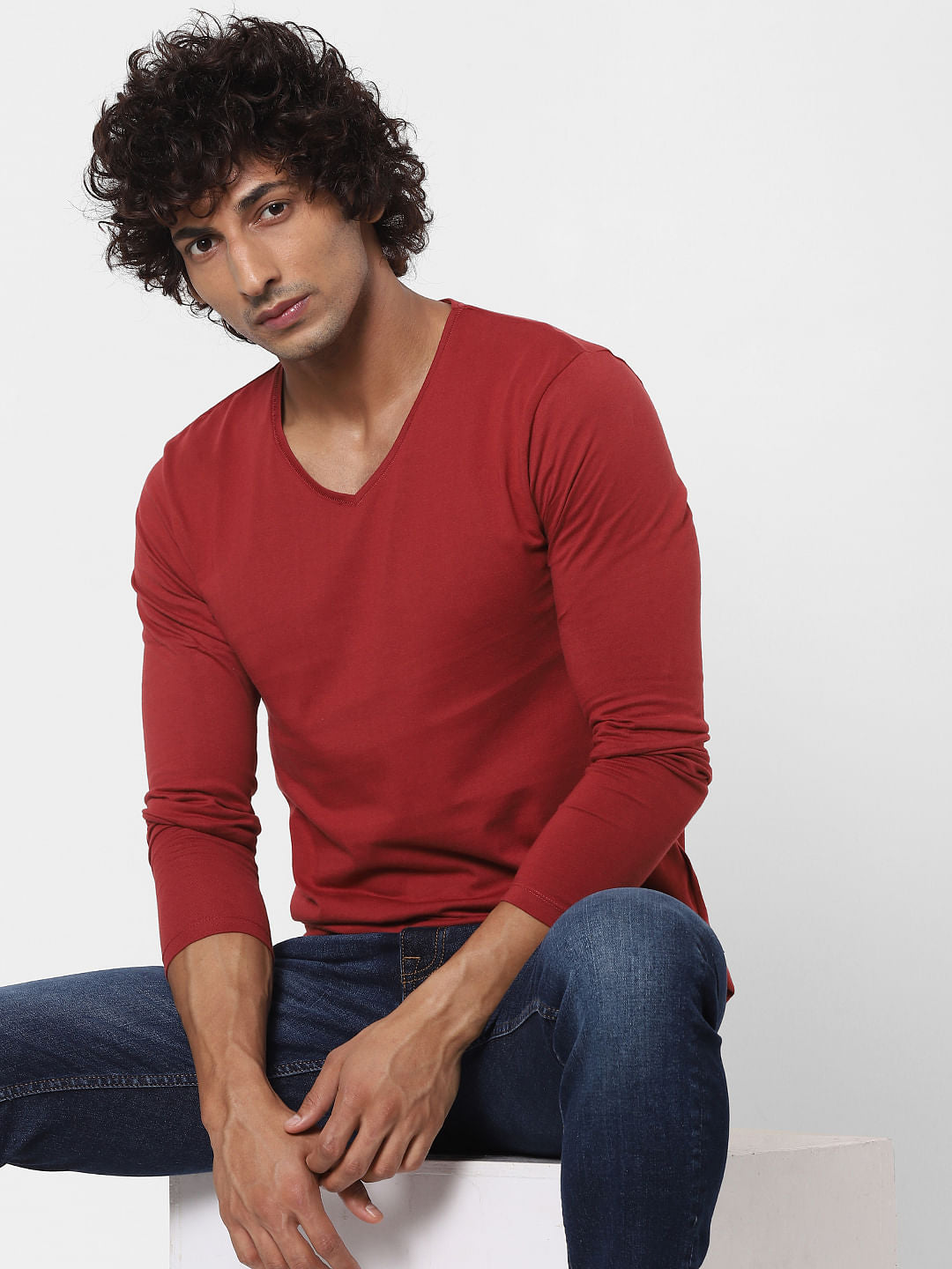 Red V Neck Full Sleeves T-shirt
