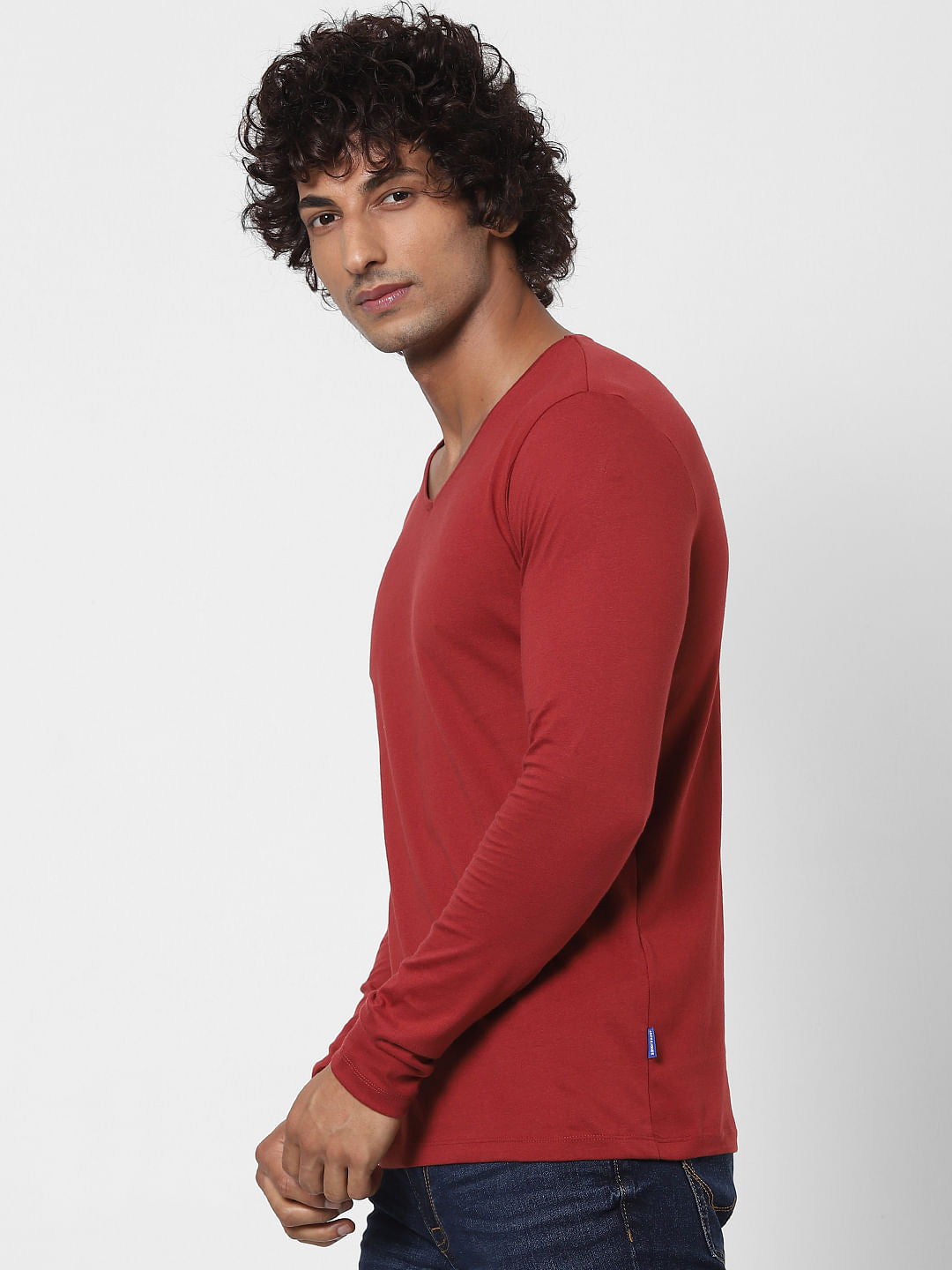Red V Neck Full Sleeves T-shirt