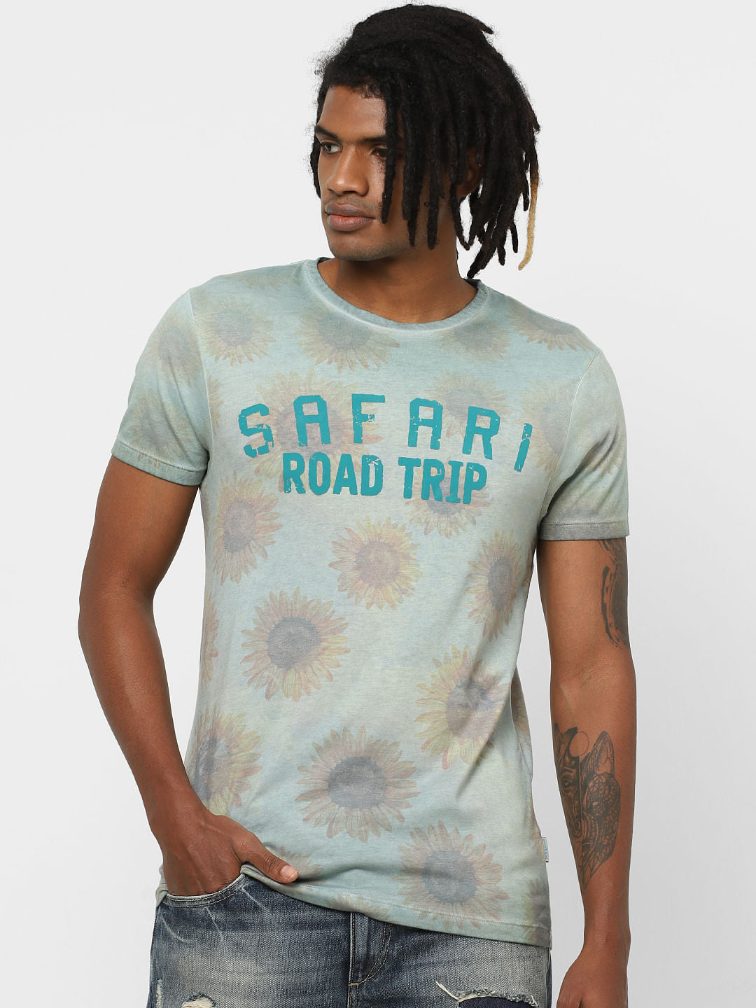 Green Floral Text Print Crew Neck T-Shirt