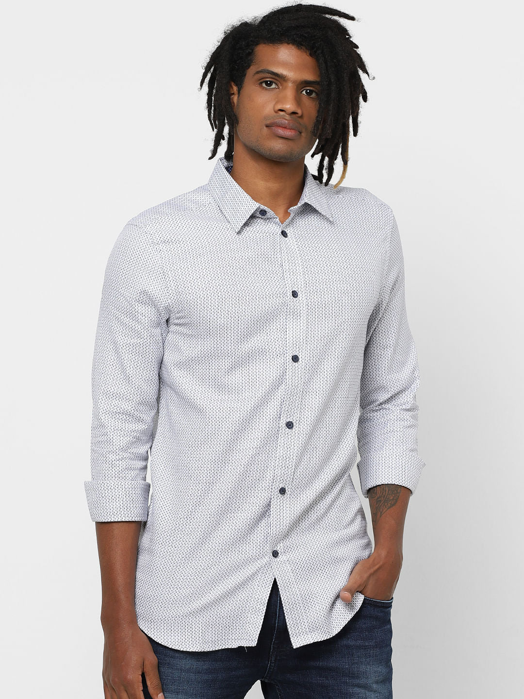 White Dobby Full Sleeves Shirt