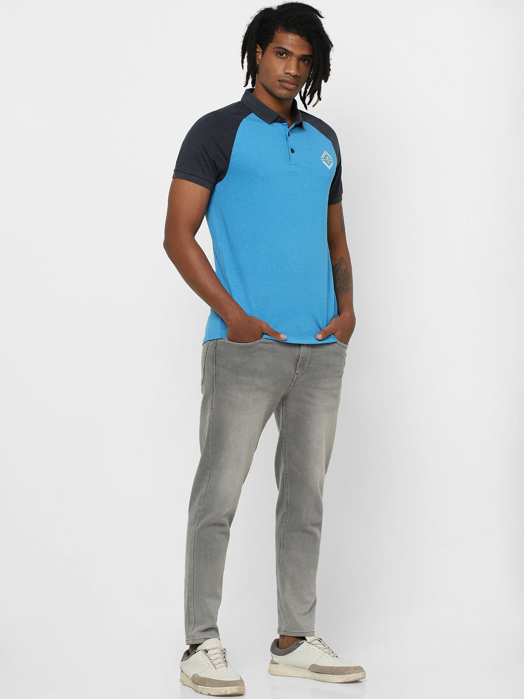 Blue Colourblocked Polo Neck T-Shirt