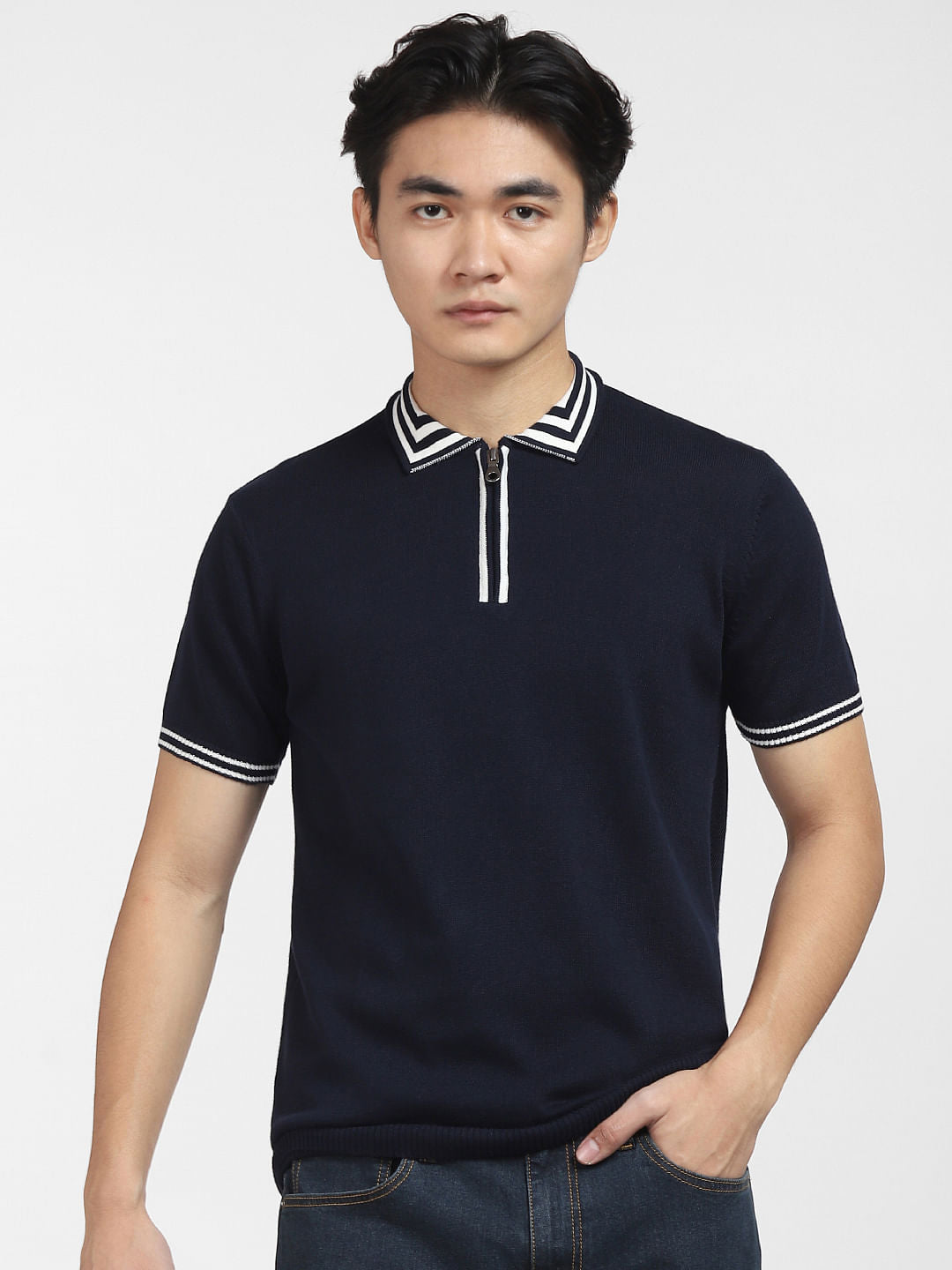 Navy Blue Knit Polo T-shirt