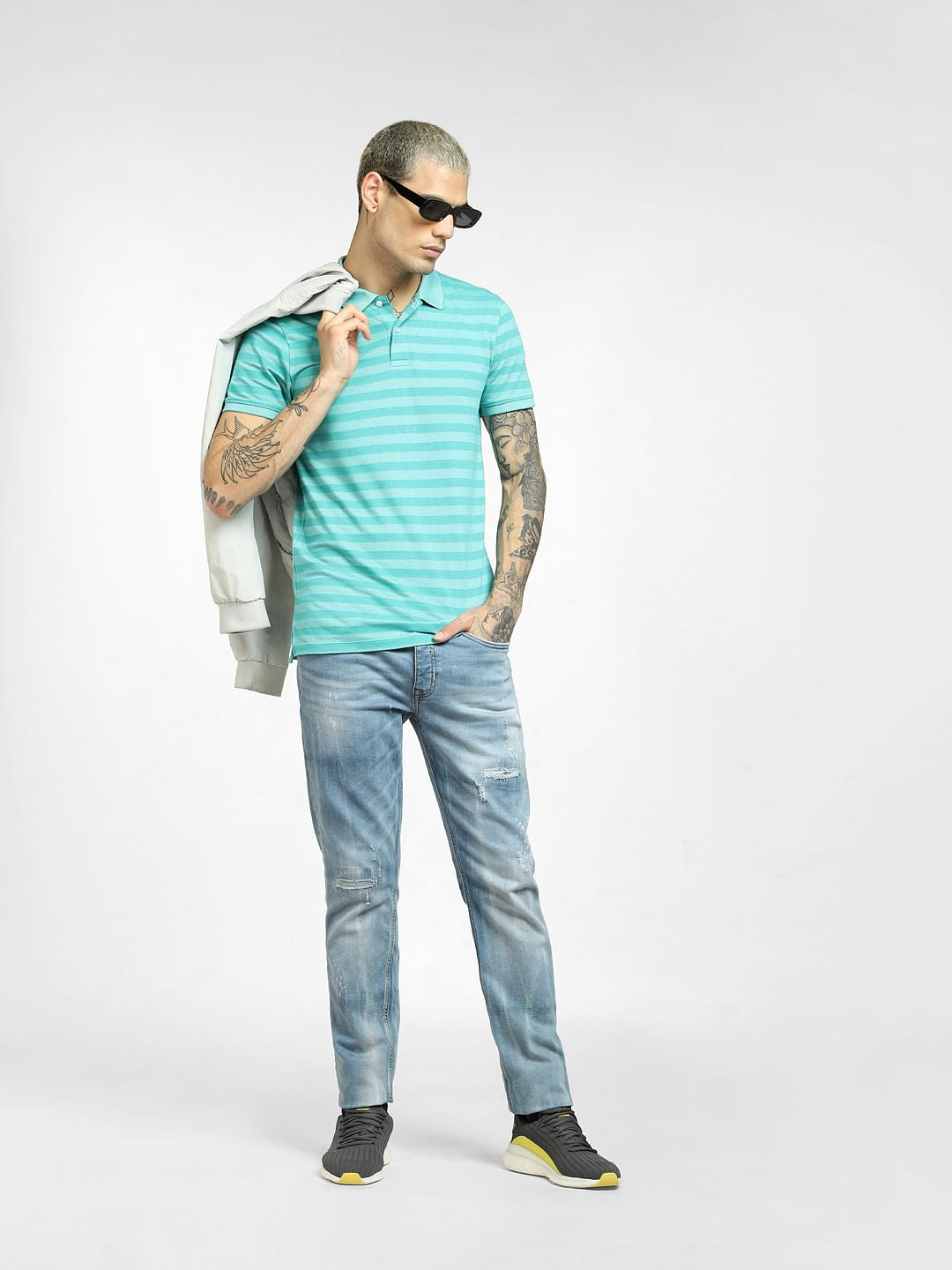 Green Striped Polo Neck T-shirt