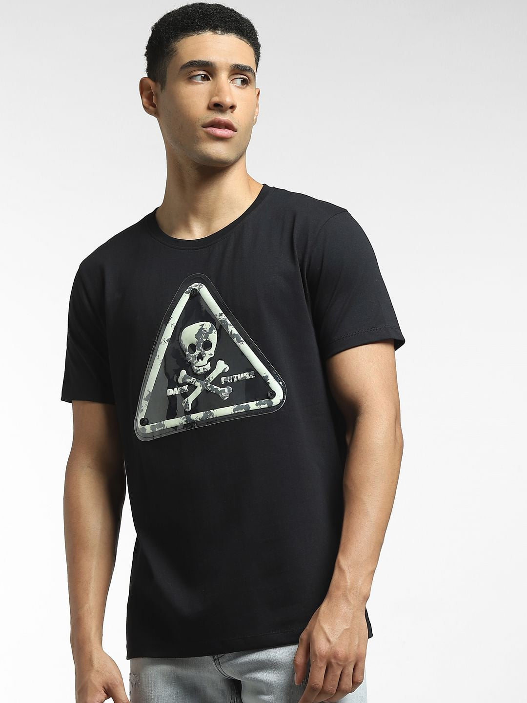 Black Danger Sign Crew Neck T-shirt