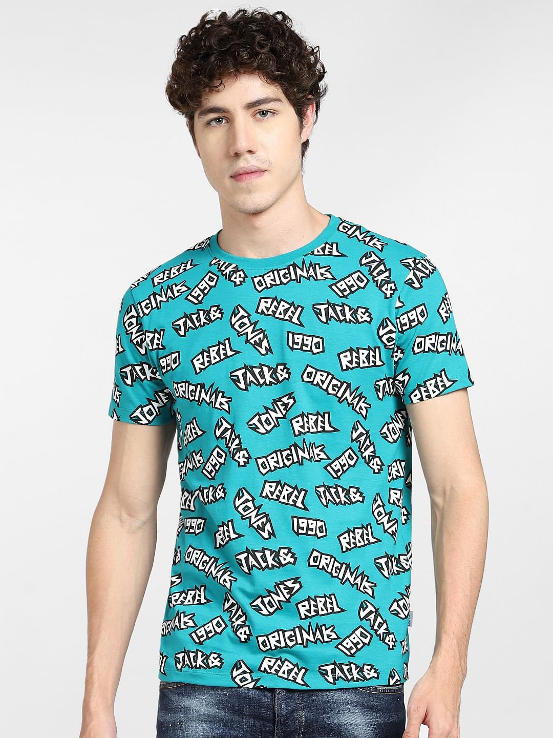 Teal Blue Printed Crew Neck T-shirt