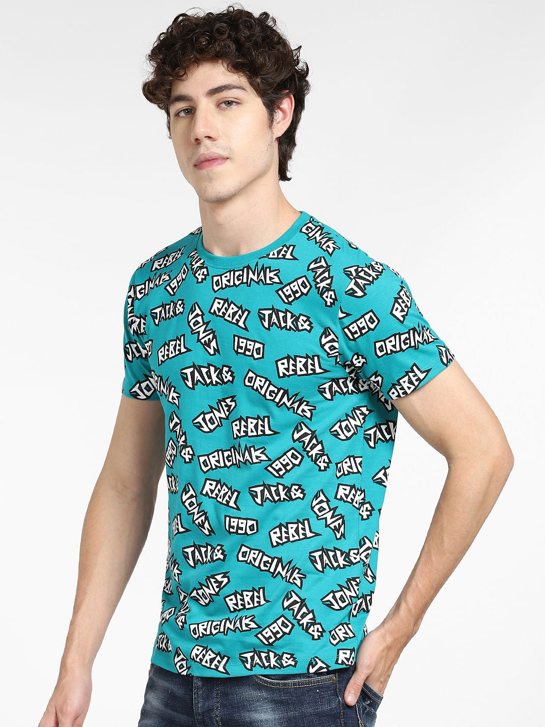 Teal Blue Printed Crew Neck T-shirt