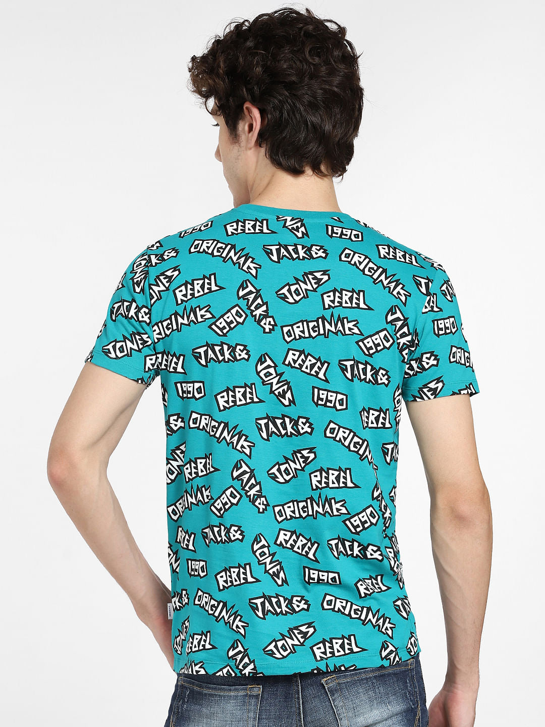 Teal Blue Printed Crew Neck T-shirt