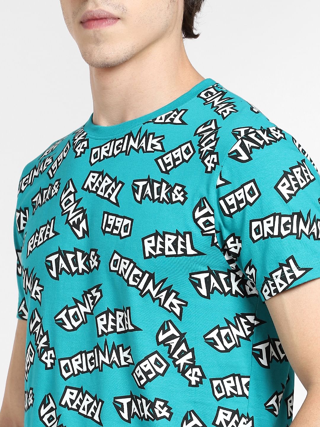 Teal Blue Printed Crew Neck T-shirt