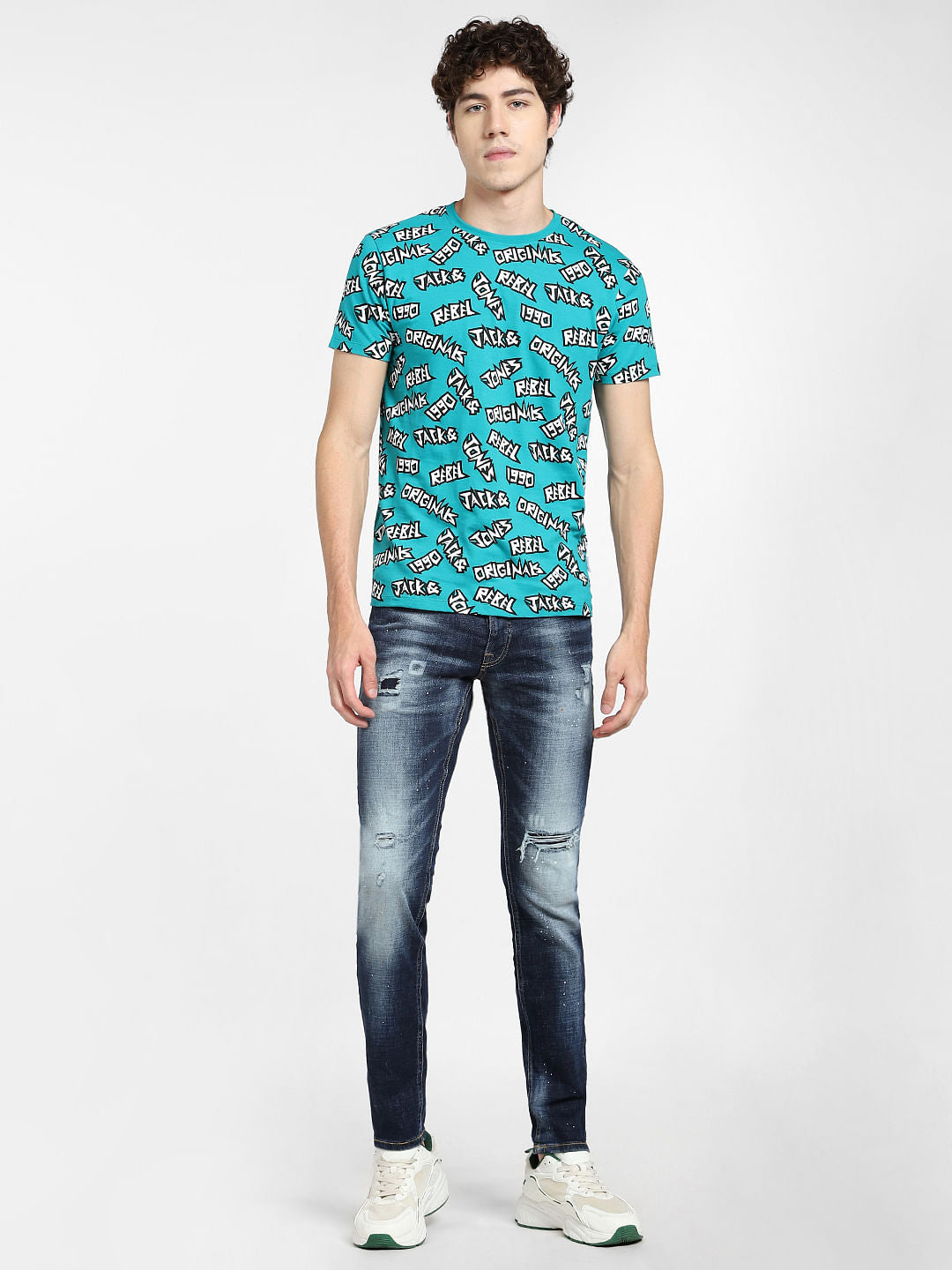 Teal Blue Printed Crew Neck T-shirt