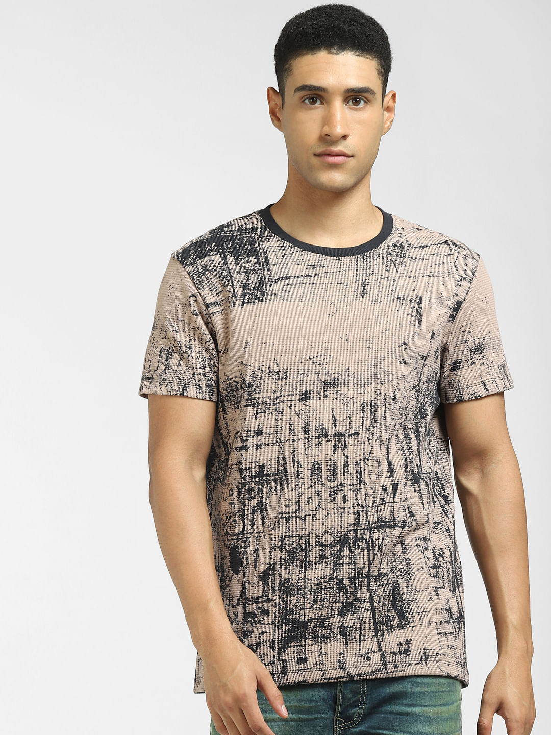 Brown Abstract Print Crew Neck T-shirt