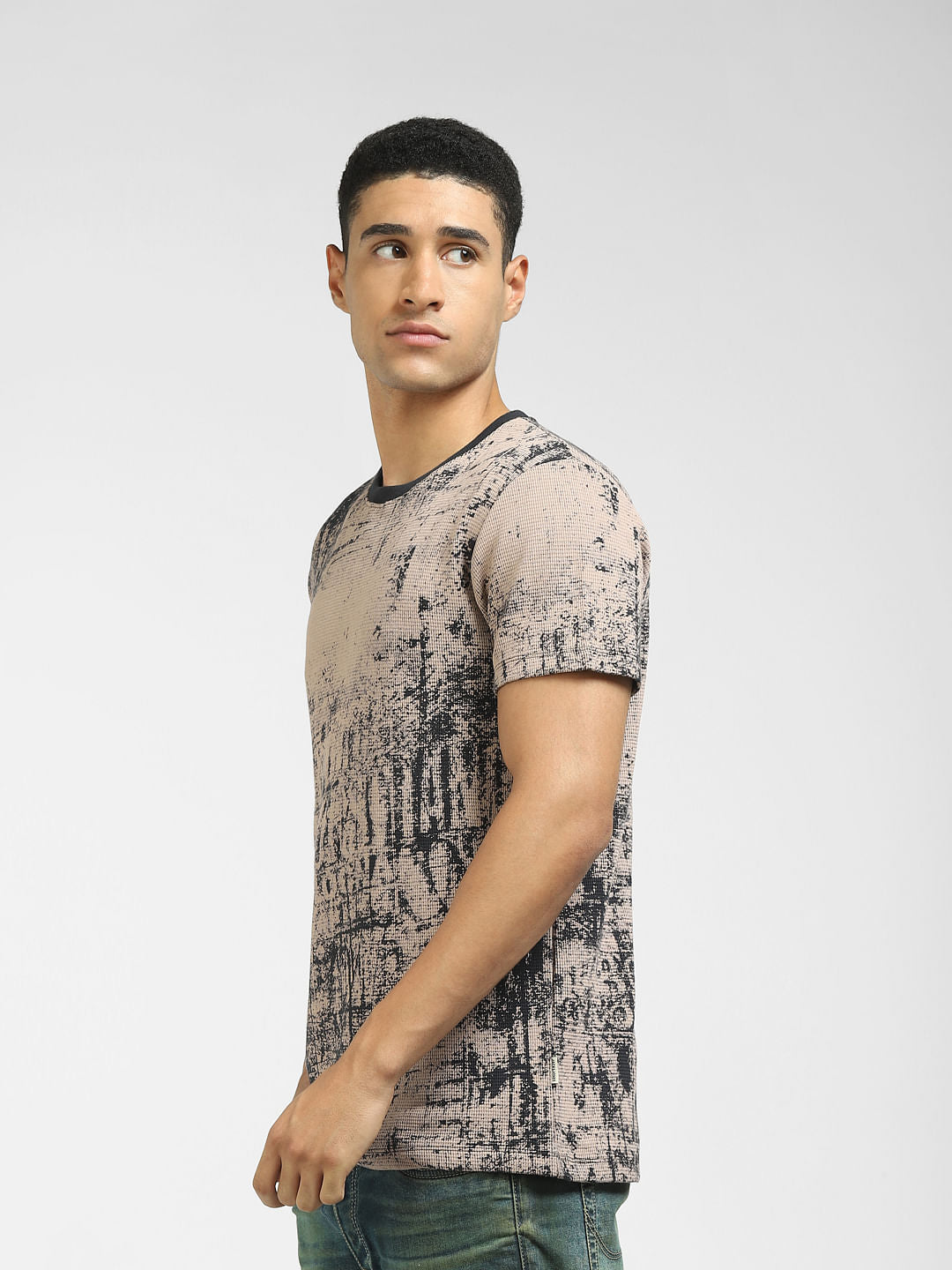 Brown Abstract Print Crew Neck T-shirt