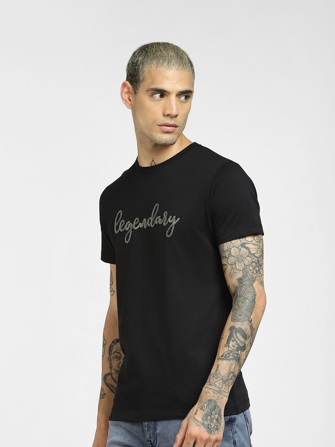 Black Embellished Print T-shirt