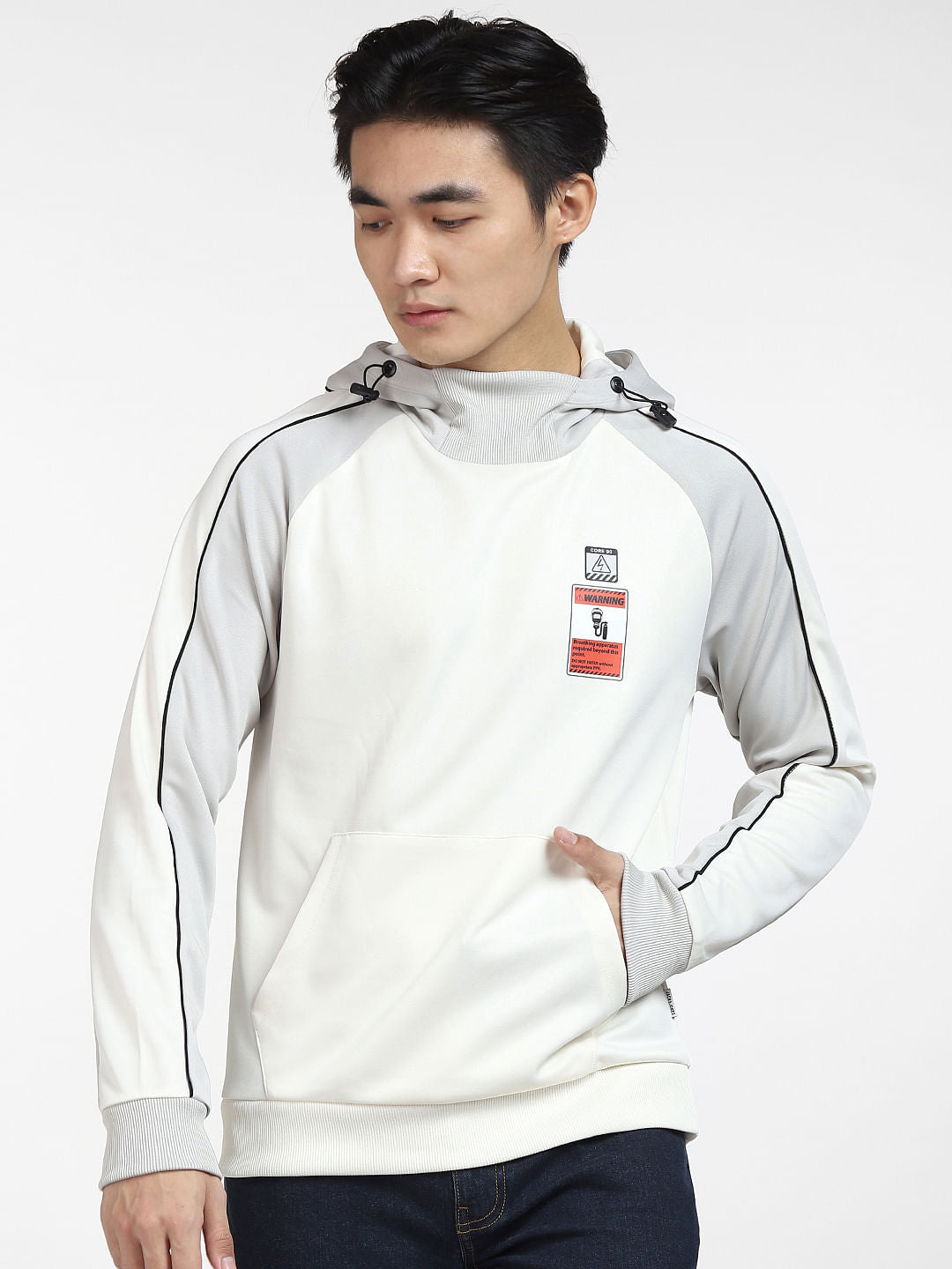 White Colourblocked Hooded Sweatshirt