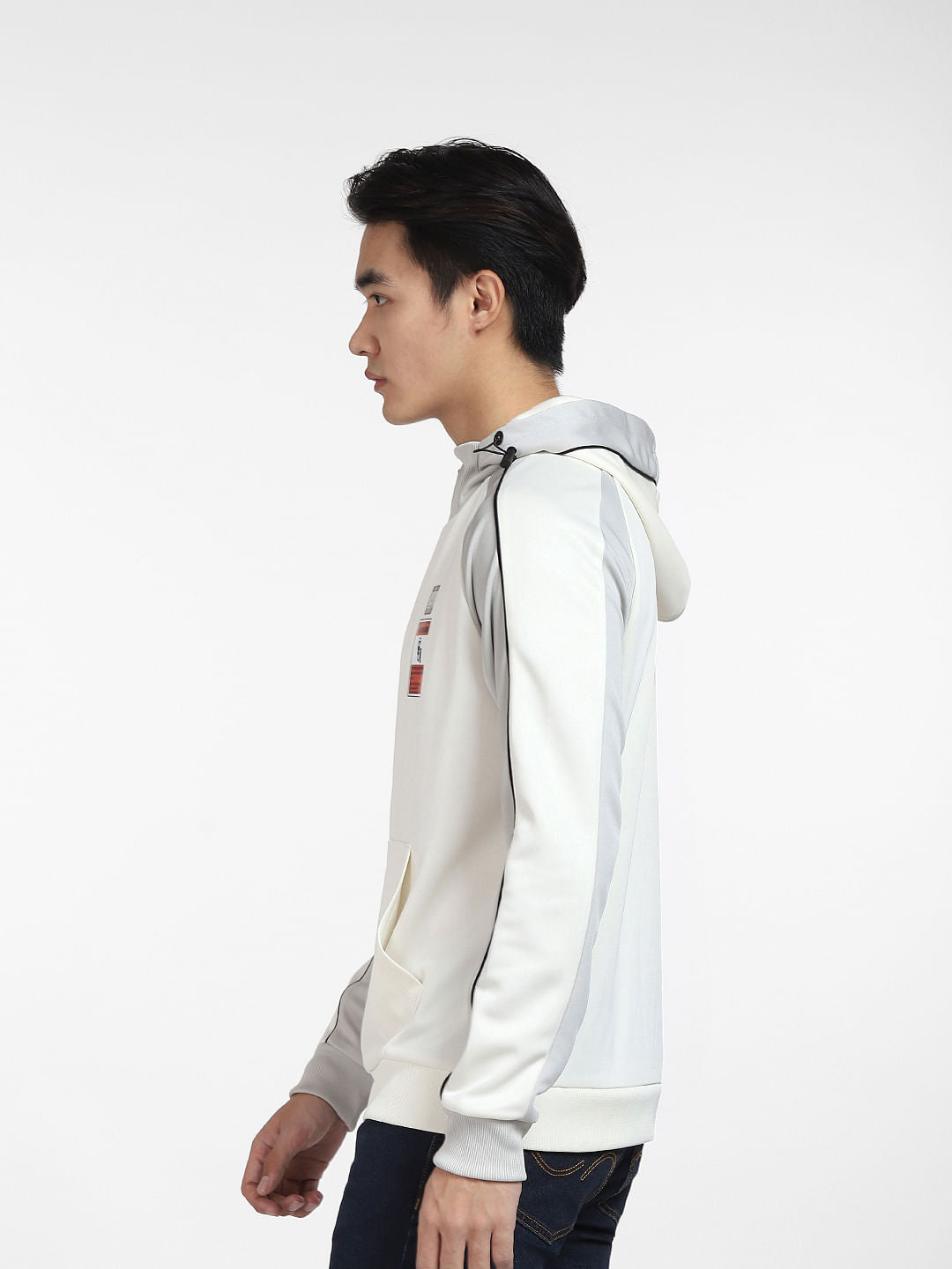 White Colourblocked Hooded Sweatshirt