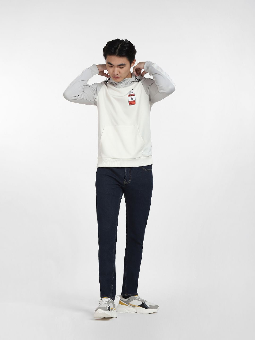 White Colourblocked Hooded Sweatshirt