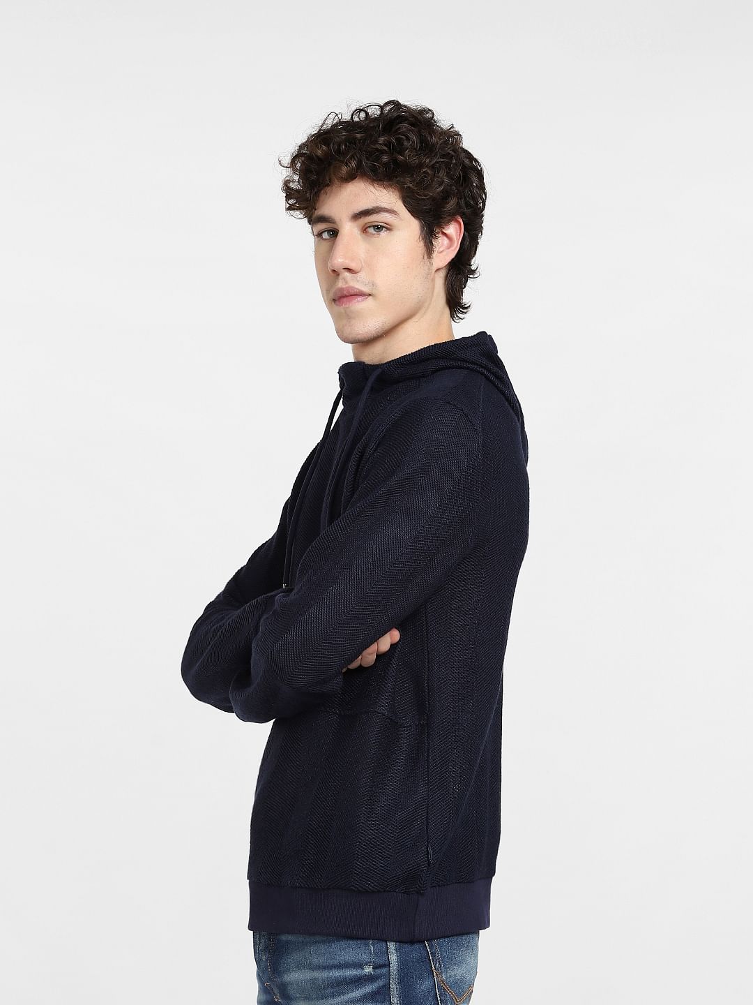 Navy Blue Textured Hooded Sweatshirt