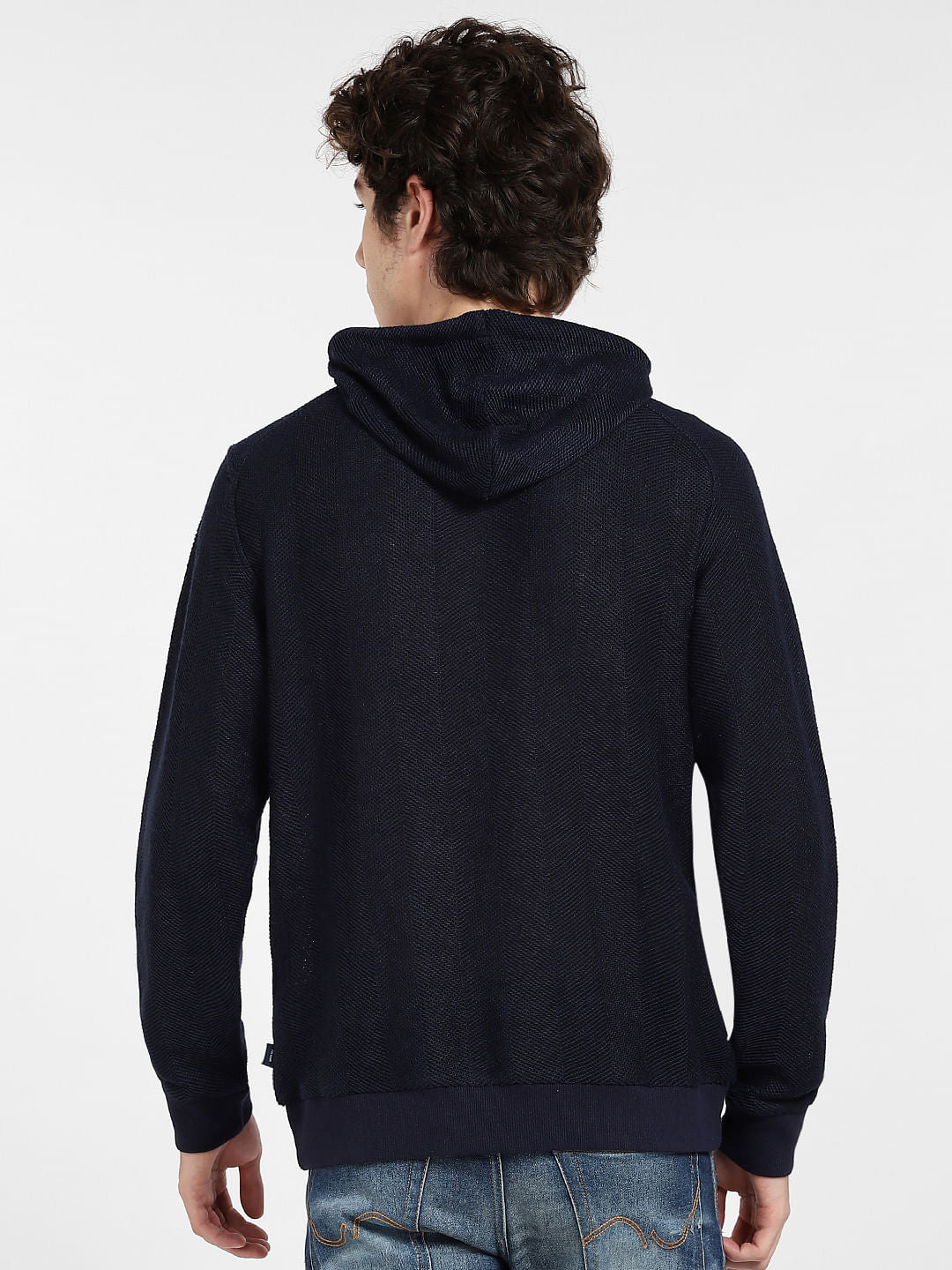 Navy Blue Textured Hooded Sweatshirt