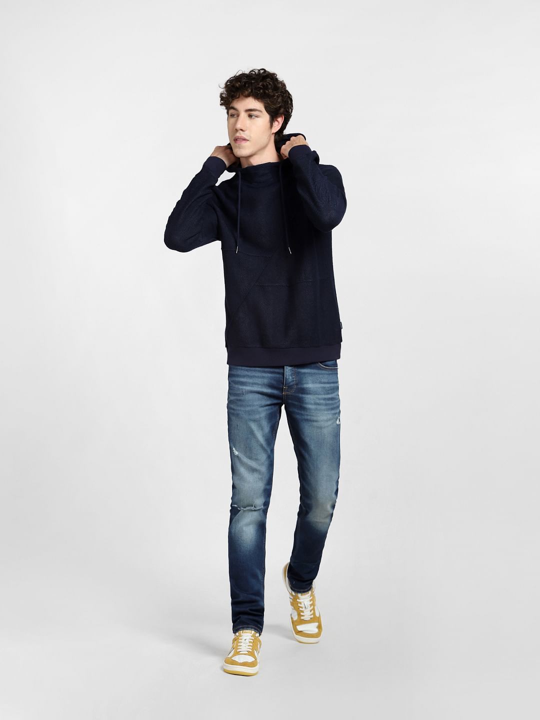 Navy Blue Textured Hooded Sweatshirt
