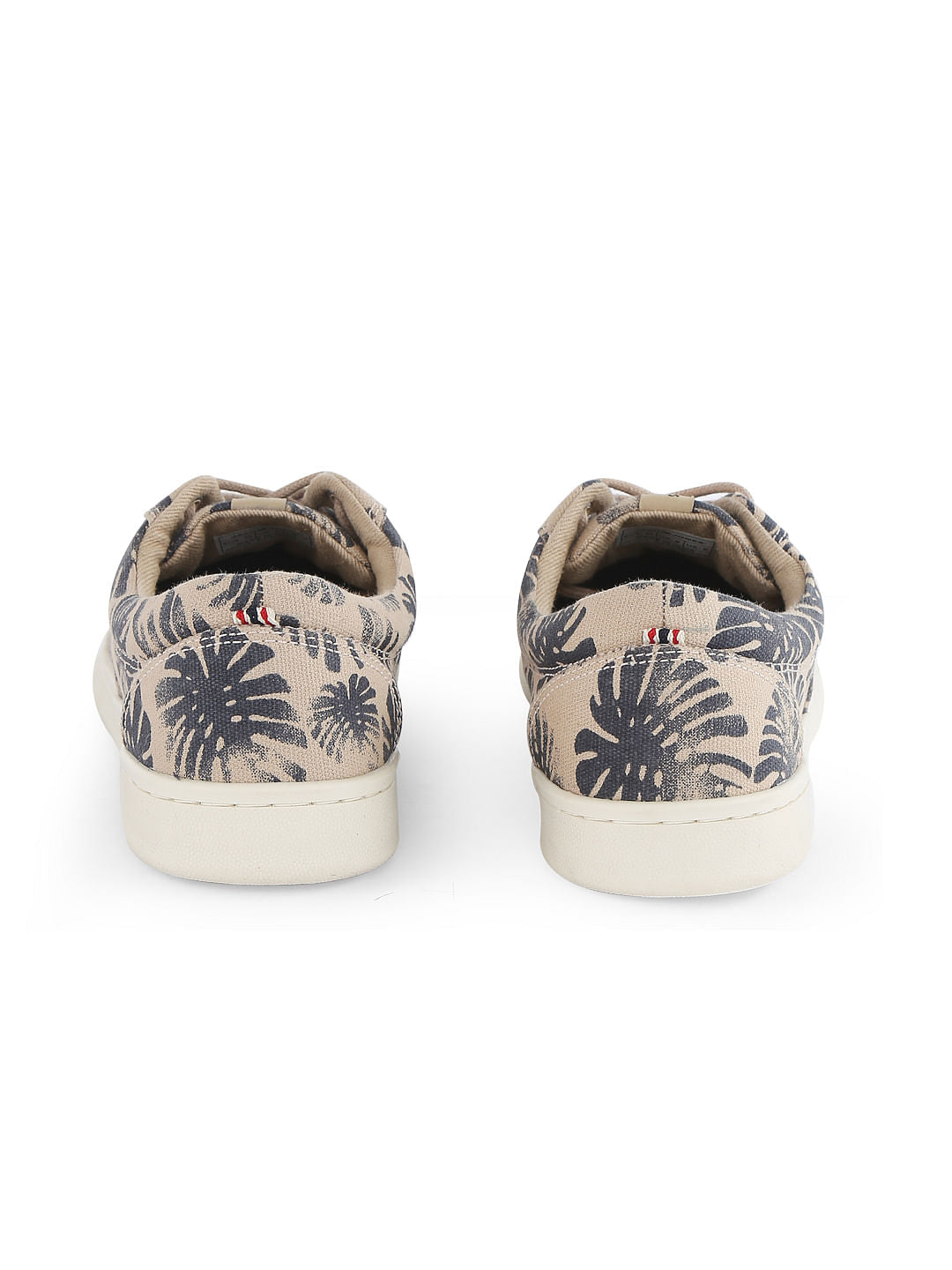 Beige And Black Printed Canvas Lace Up Sneakers