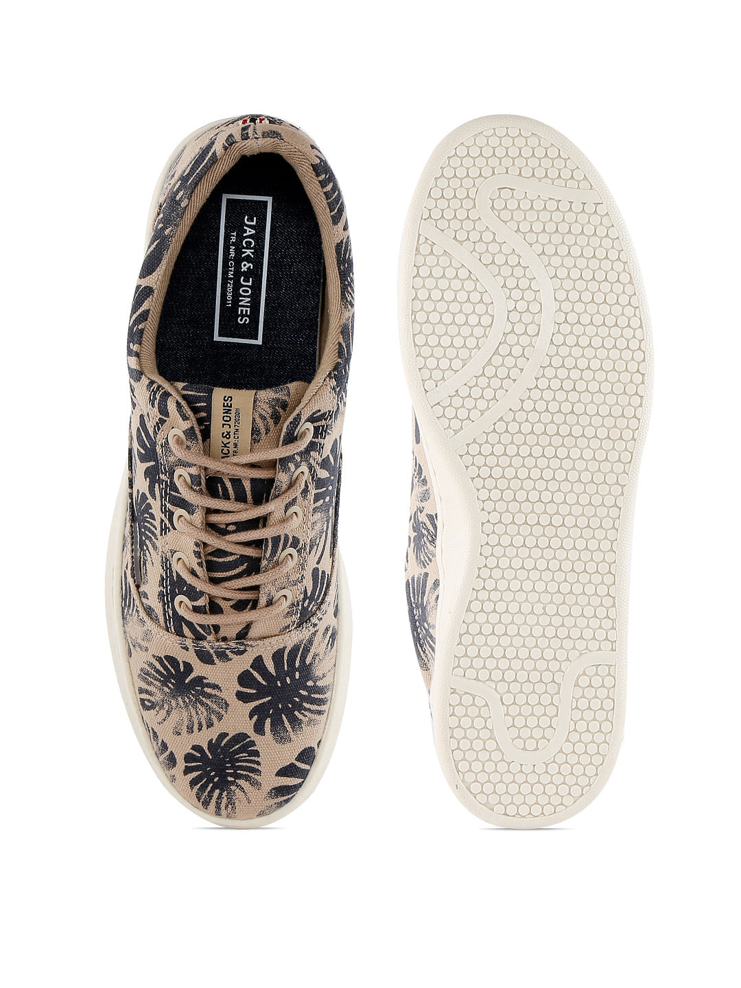 Beige And Black Printed Canvas Lace Up Sneakers