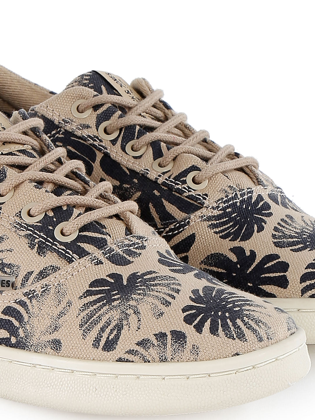 Beige And Black Printed Canvas Lace Up Sneakers