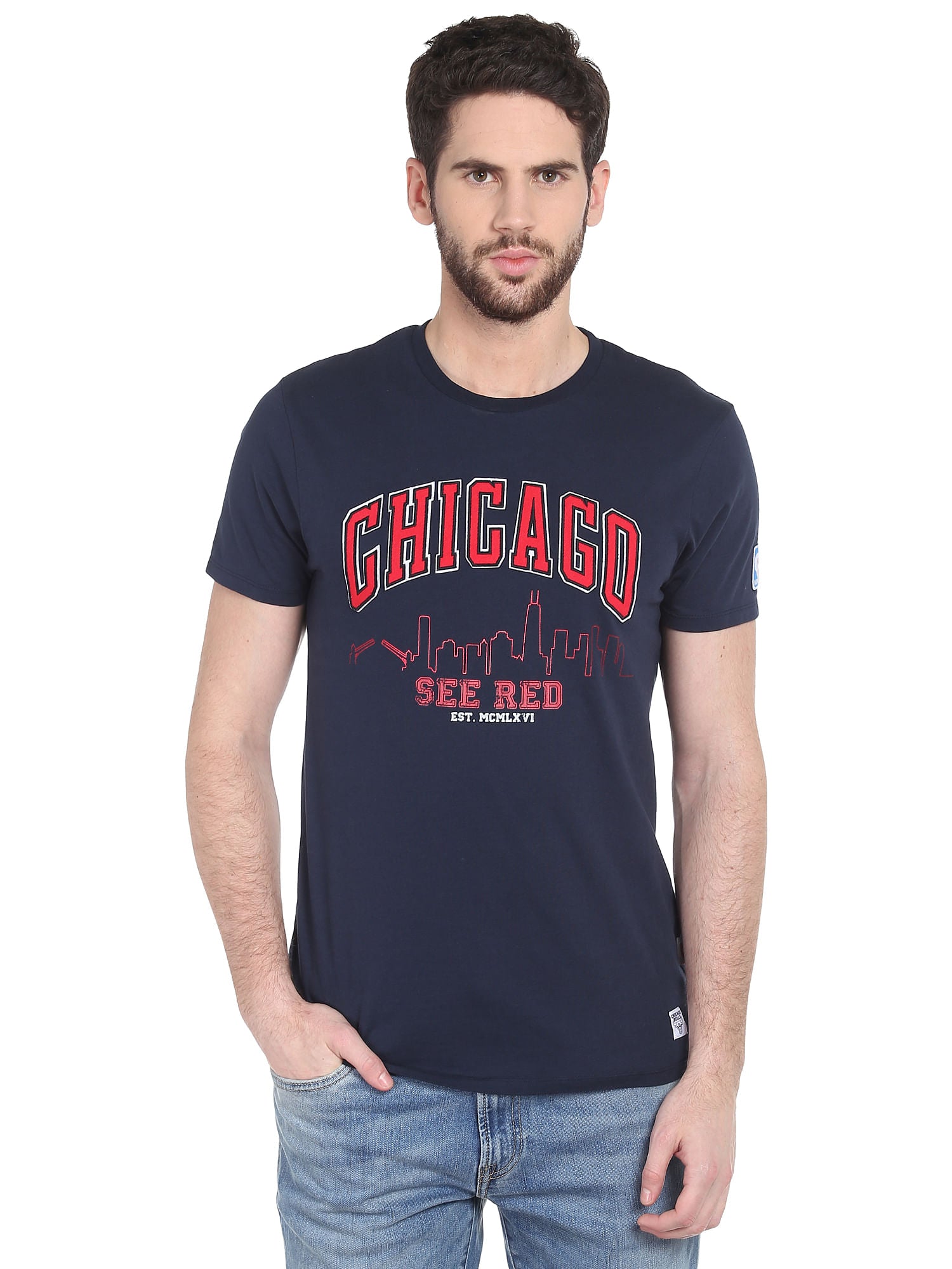 Chicago Bulls Navy Blue Crew Neck Nba T-Shirt