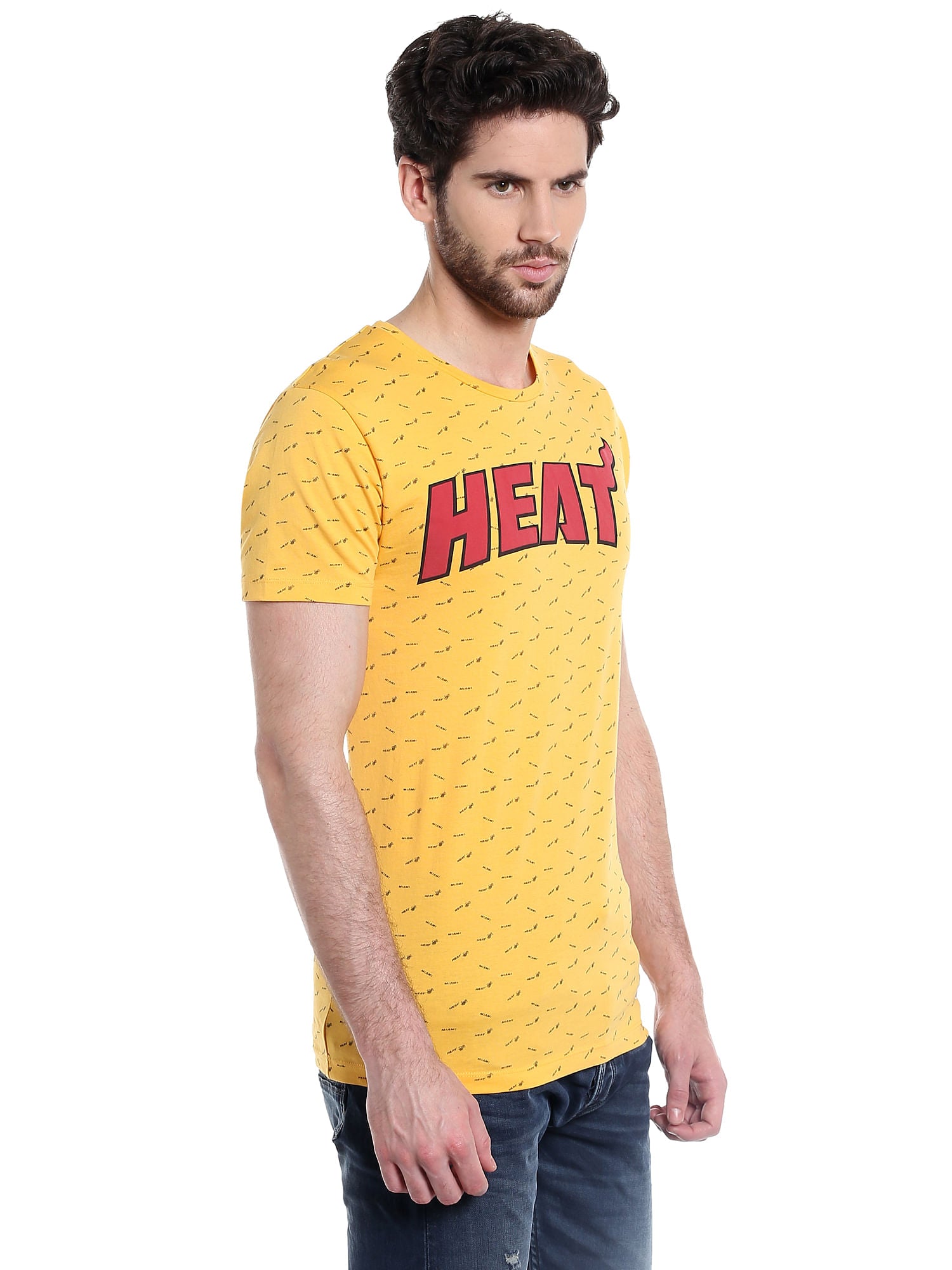 Miami Heat Printed Yellow Crew Neck Nba T-Shirt