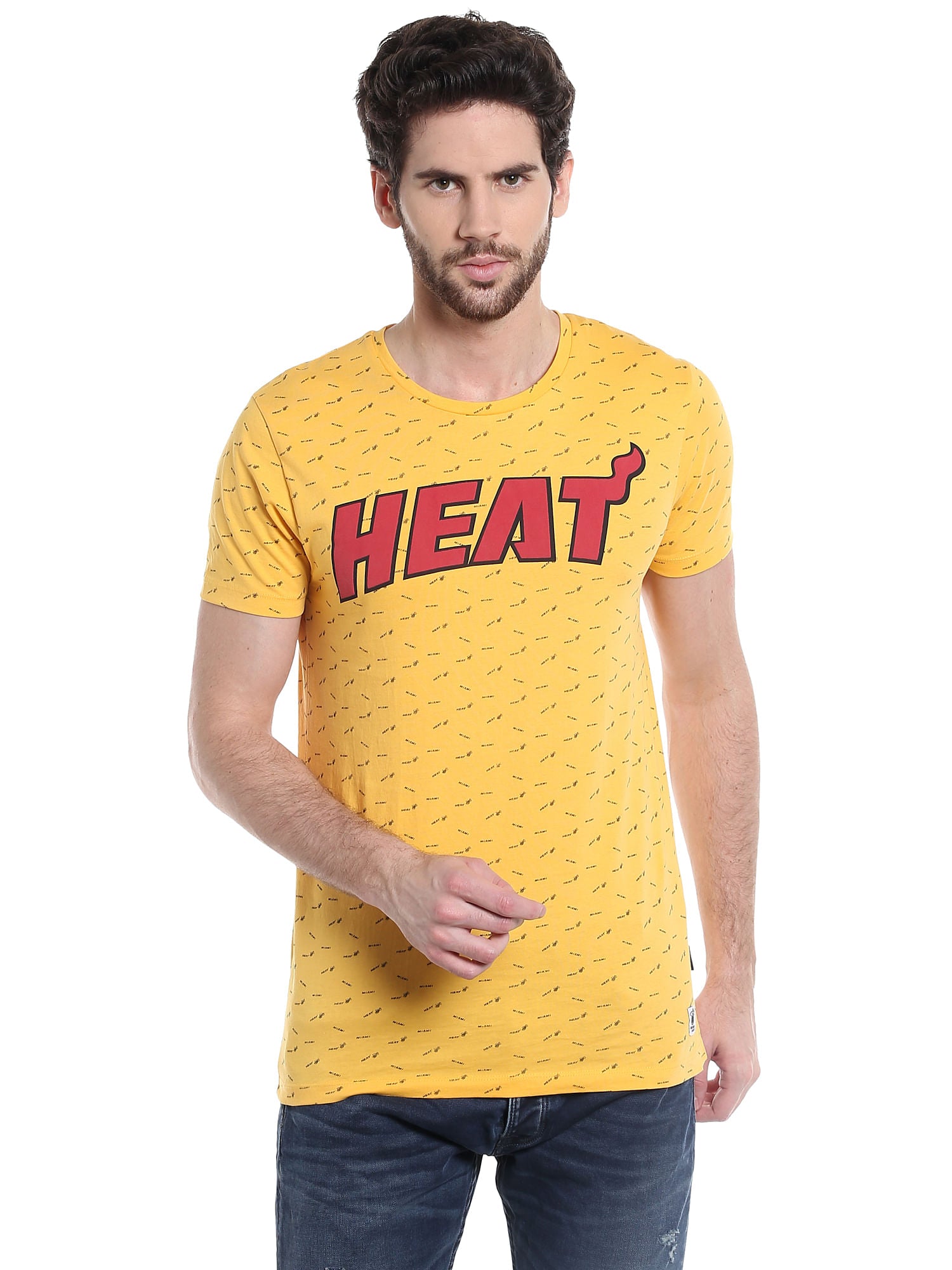 Miami Heat Printed Yellow Crew Neck Nba T-Shirt