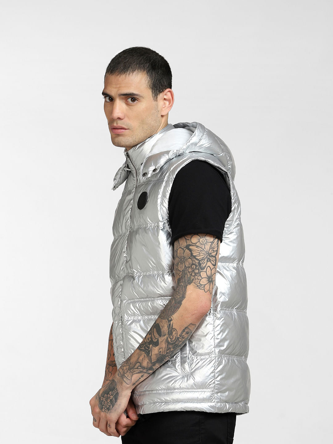 Silver Hooded Puffer Vest