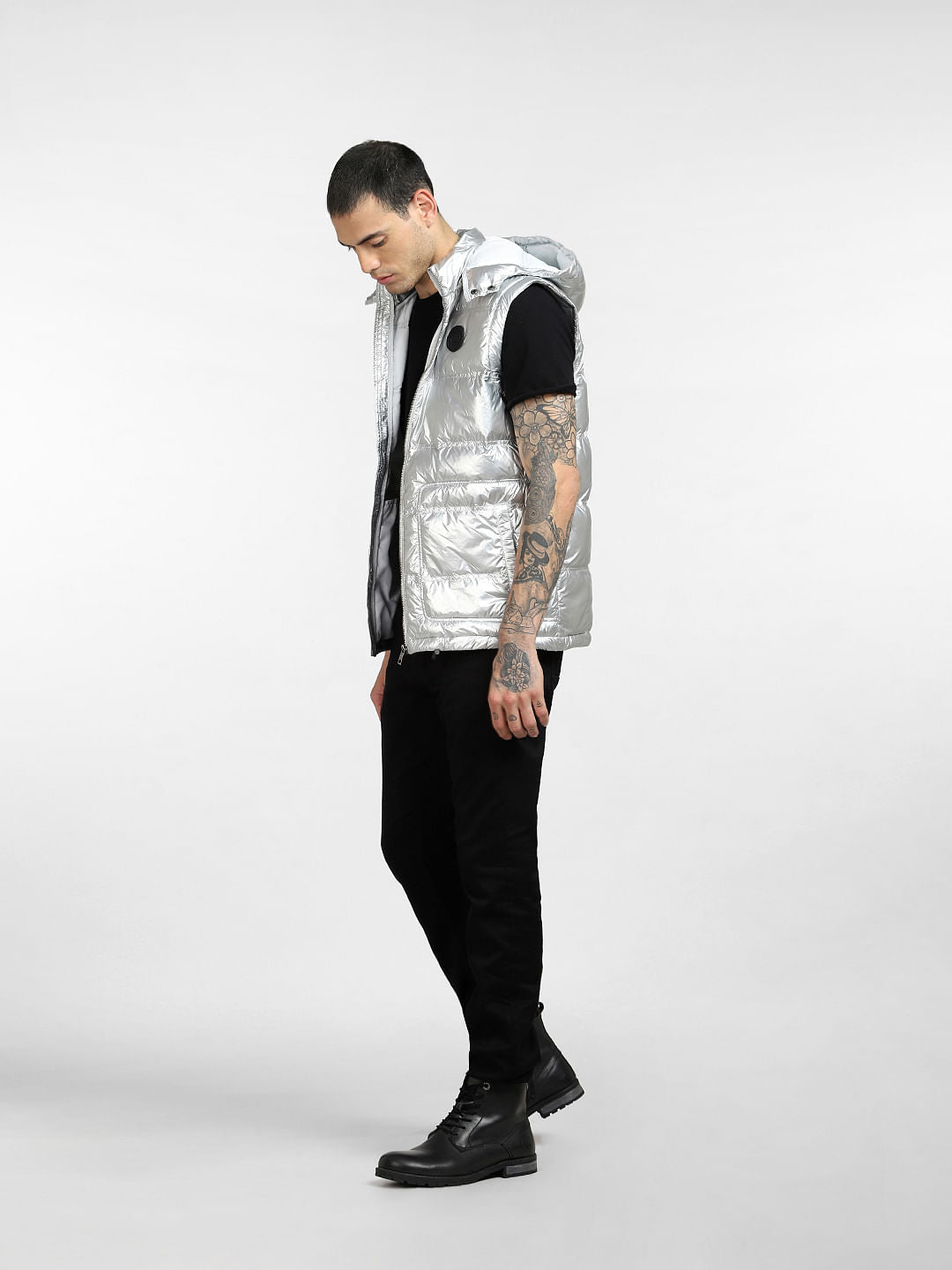 Silver Hooded Puffer Vest