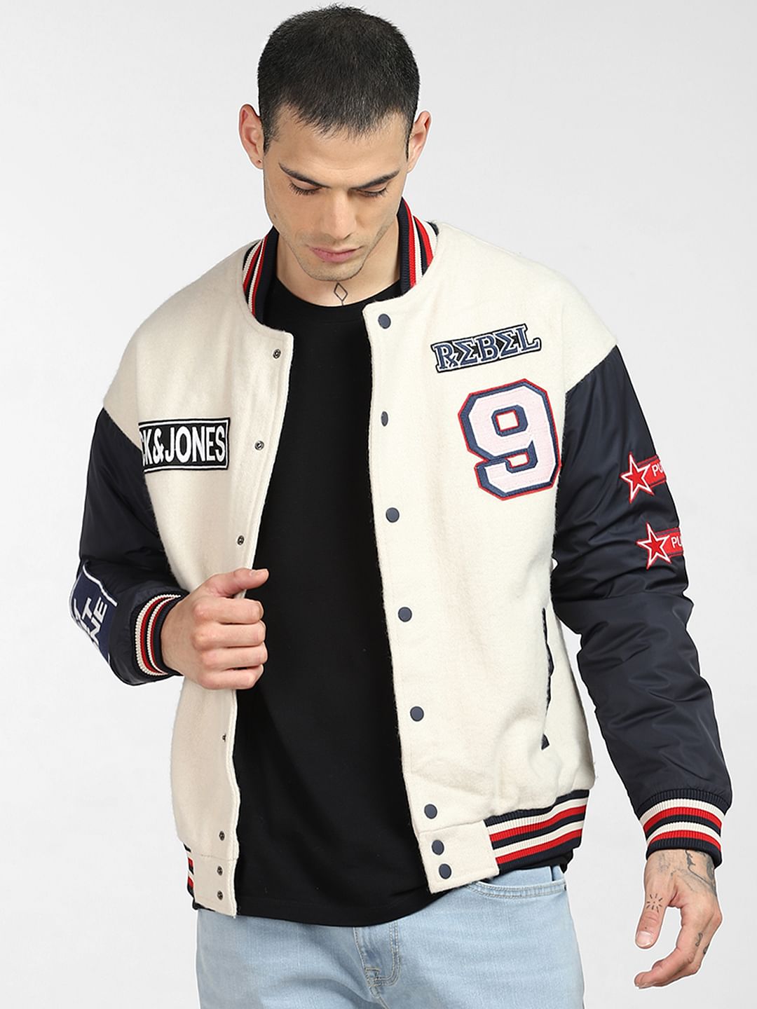 Beige Varsity Bomber Jacket