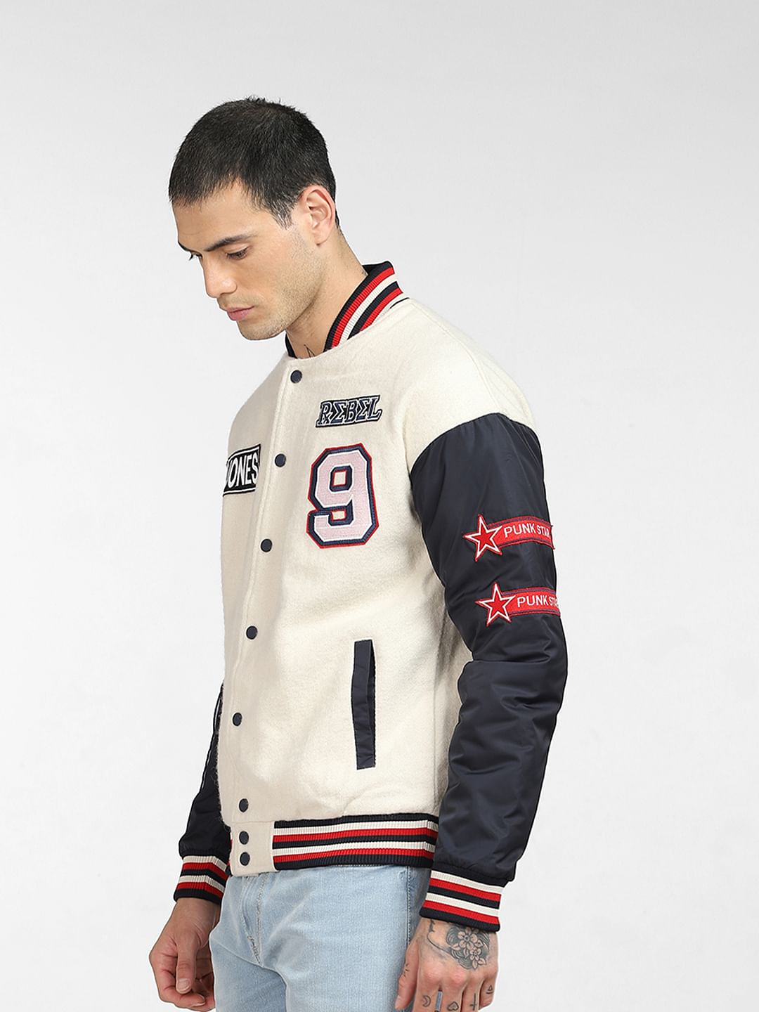 Beige Varsity Bomber Jacket