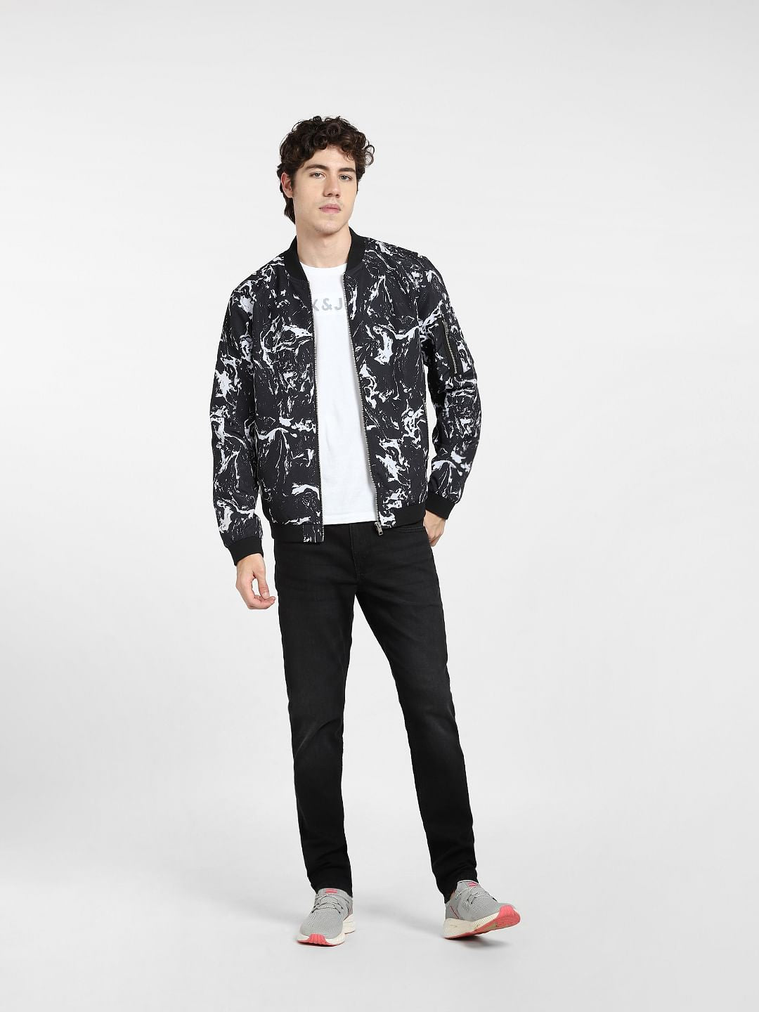 Black Marble Print Bomber Jacket