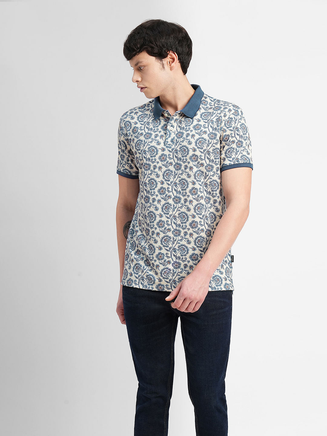 Beige Printed Polo Neck T-shirt