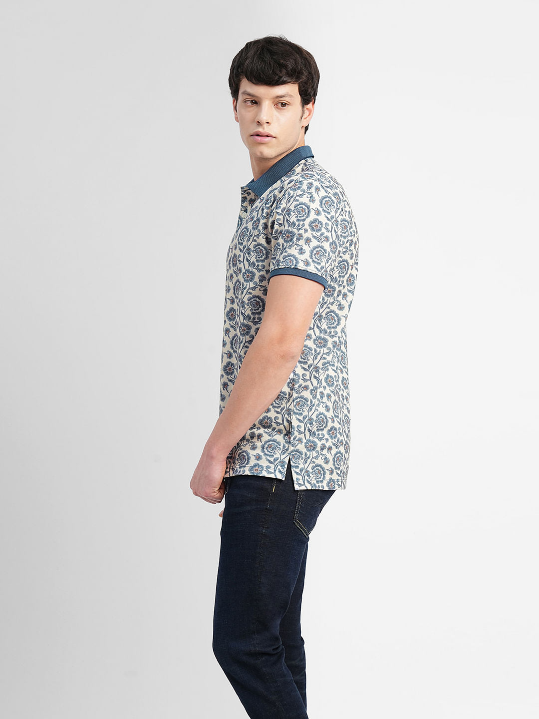 Beige Printed Polo Neck T-shirt