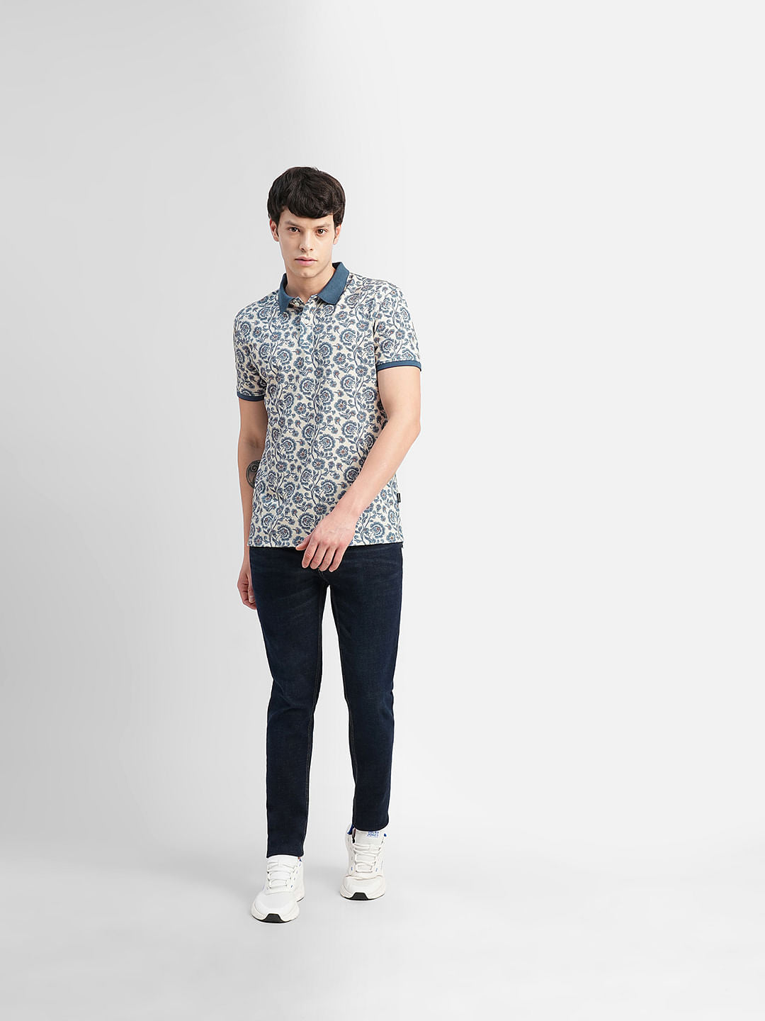Beige Printed Polo Neck T-shirt