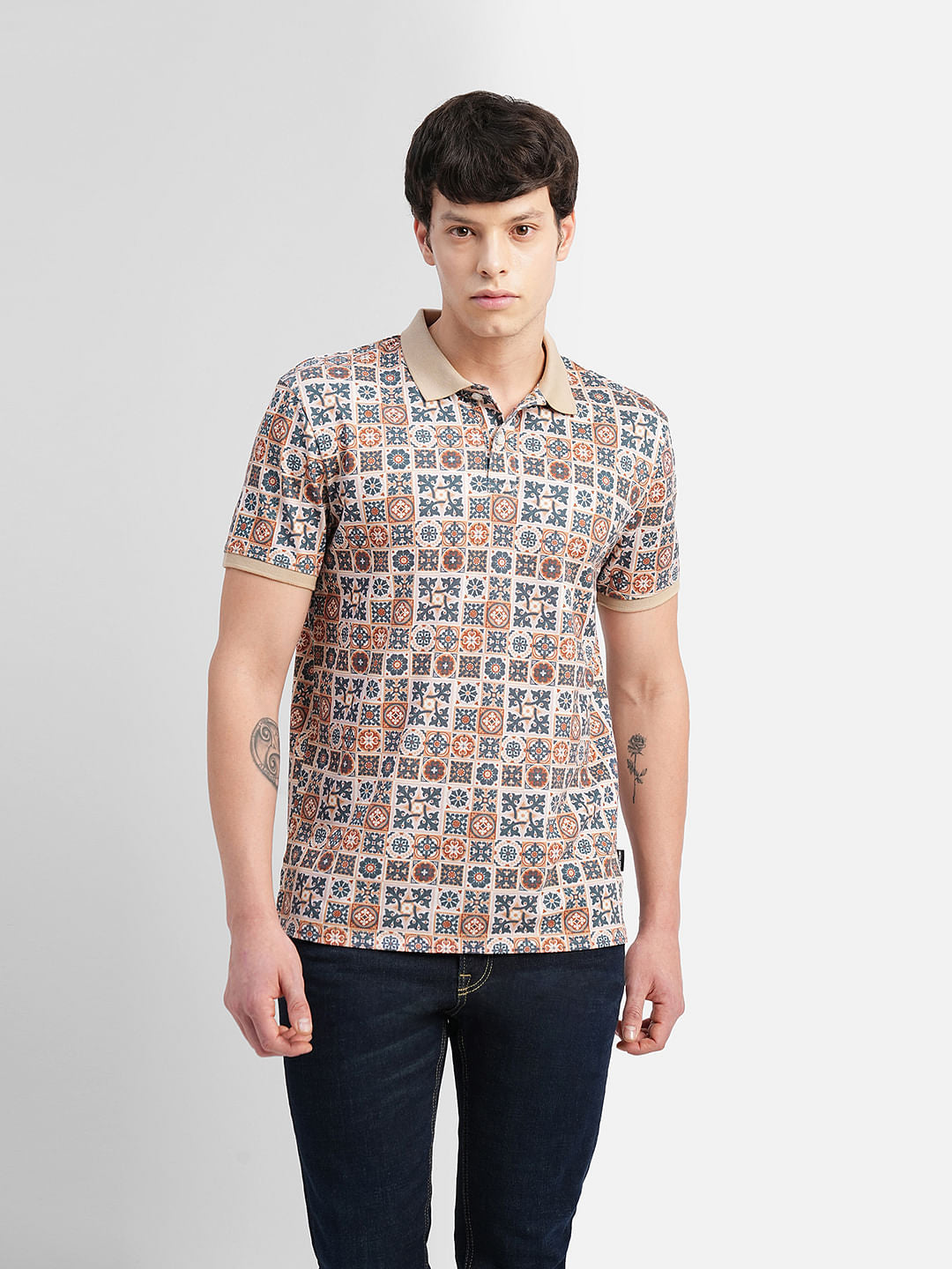 Brown Motif Print Polo T-shirt
